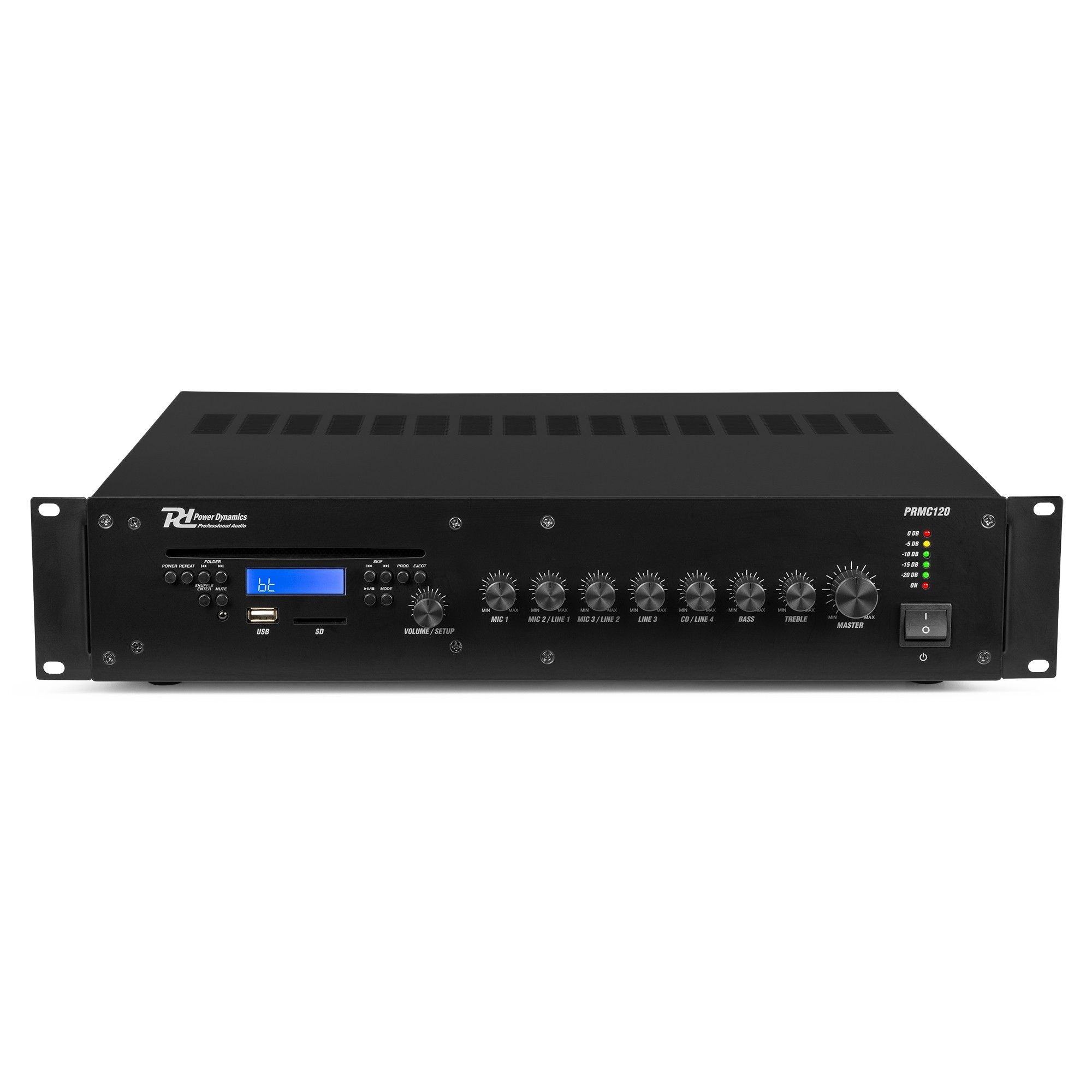 Amplificador de audio negro con perillas, botones y pantalla. Controles de encendido y volumen, y conectores de entrada. Marca Power Dynamics.