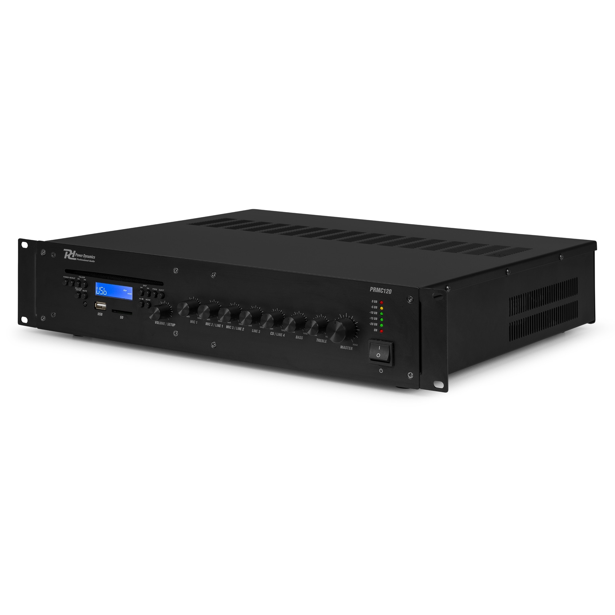 Un amplificador de audio negro con numerosas perillas y botones, una pantalla azul y un interruptor de encendido. La marca es Power Dynamics.