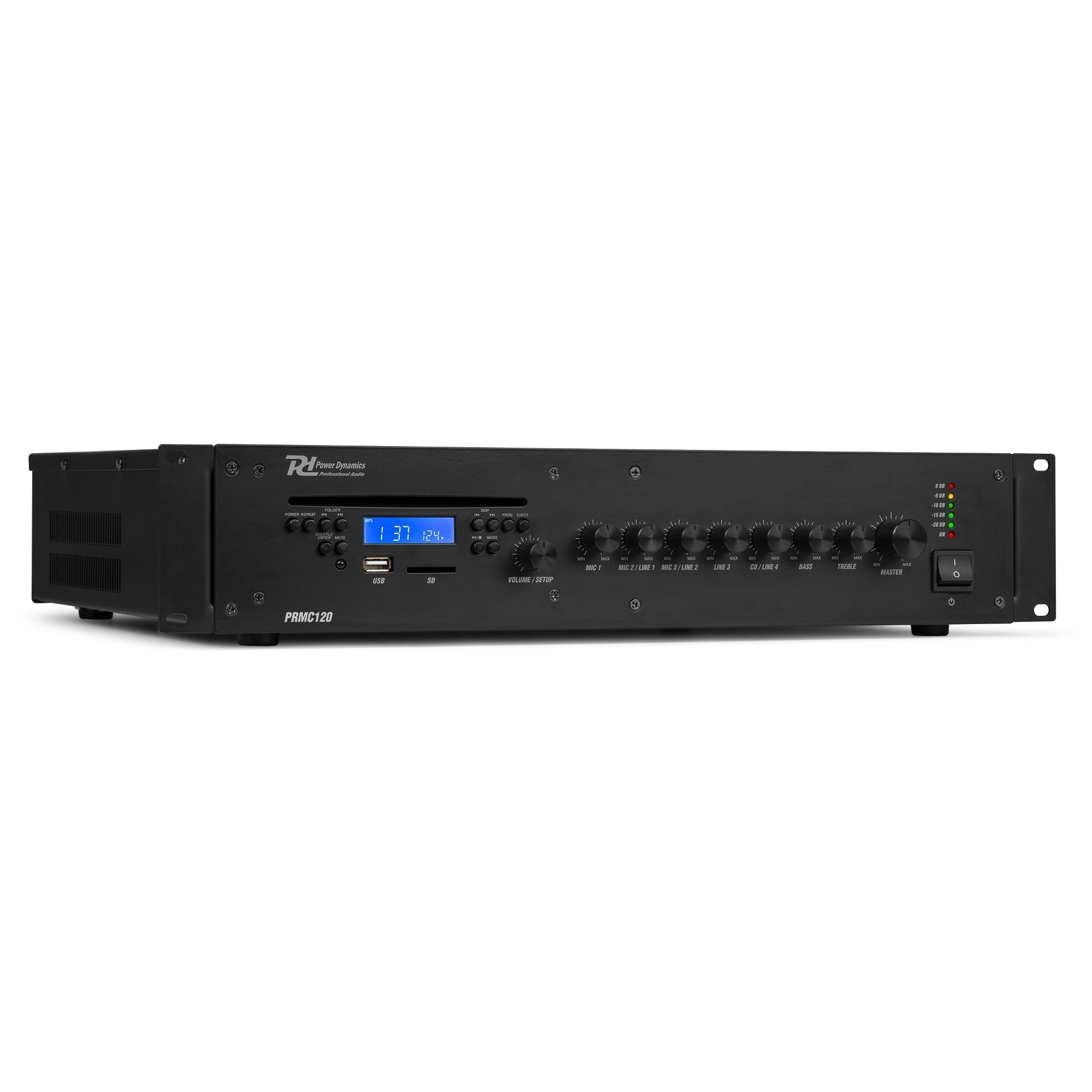 Un mezclador de audio negro con perillas y botones. Tiene una pantalla digital y múltiples opciones de entrada/salida y un interruptor de encendido.
