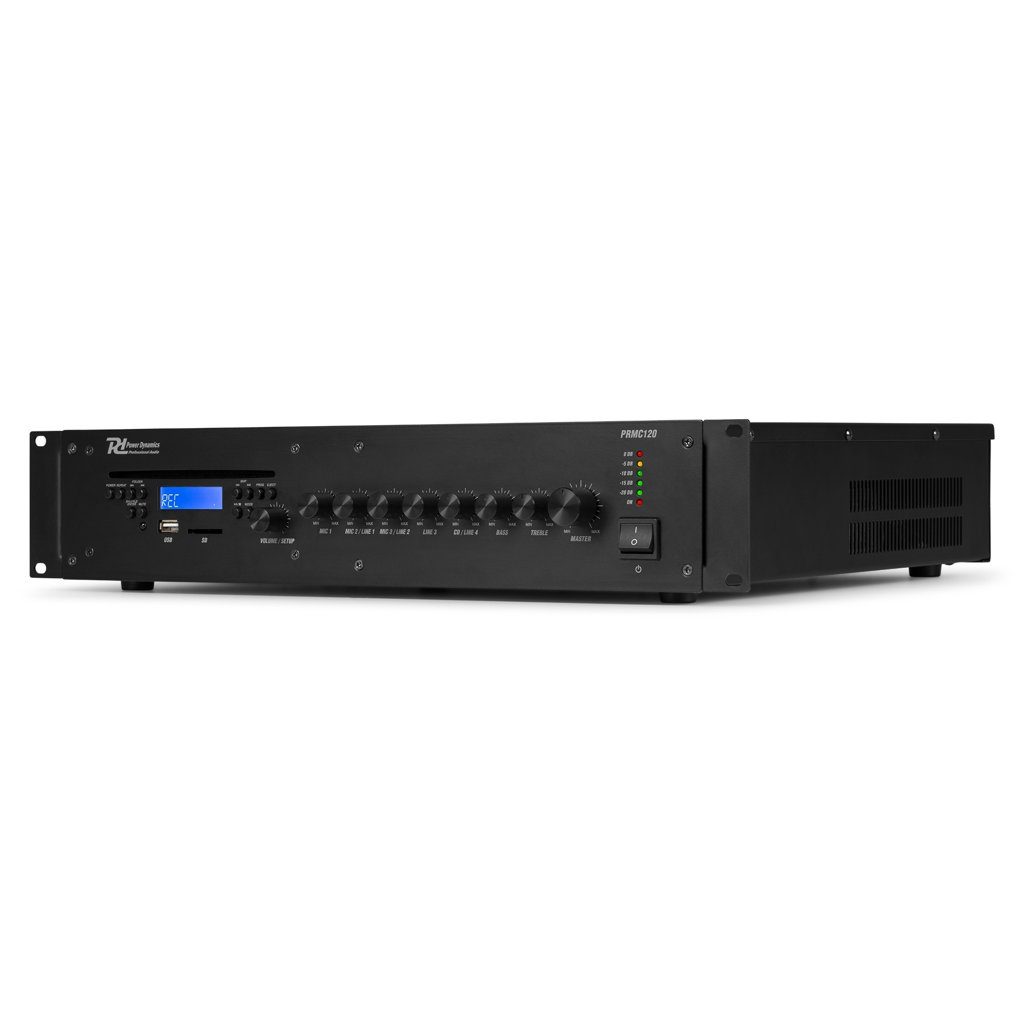 Mezclador de audio negro con múltiples perillas, botones y una pantalla digital. El mezclador tiene un botón de encendido y REC.