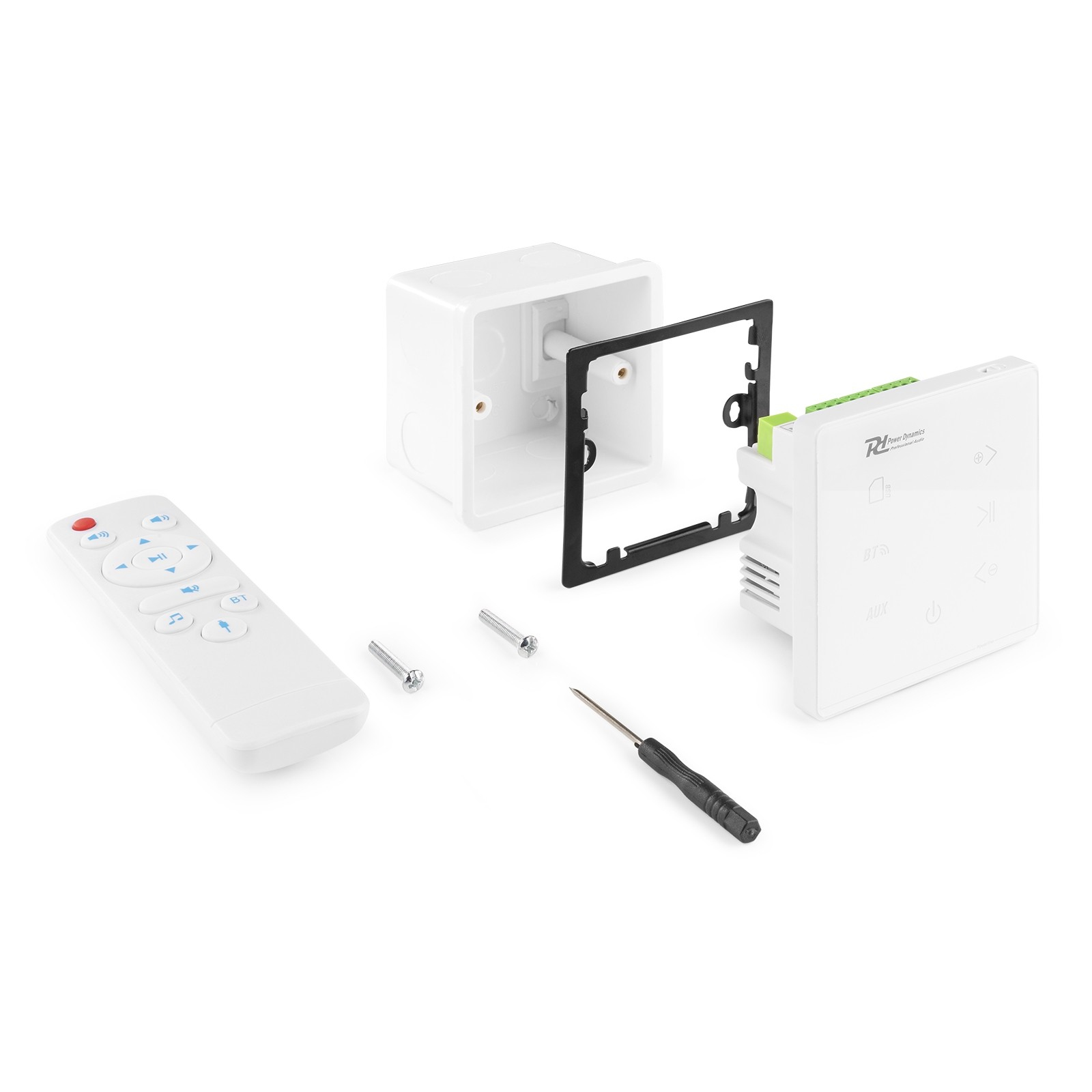 Componentes blancos de panel eléctrico, incluyendo un mando a distancia, tornillos, un destornillador y una caja de conexiones, dispuestos para la instalación.