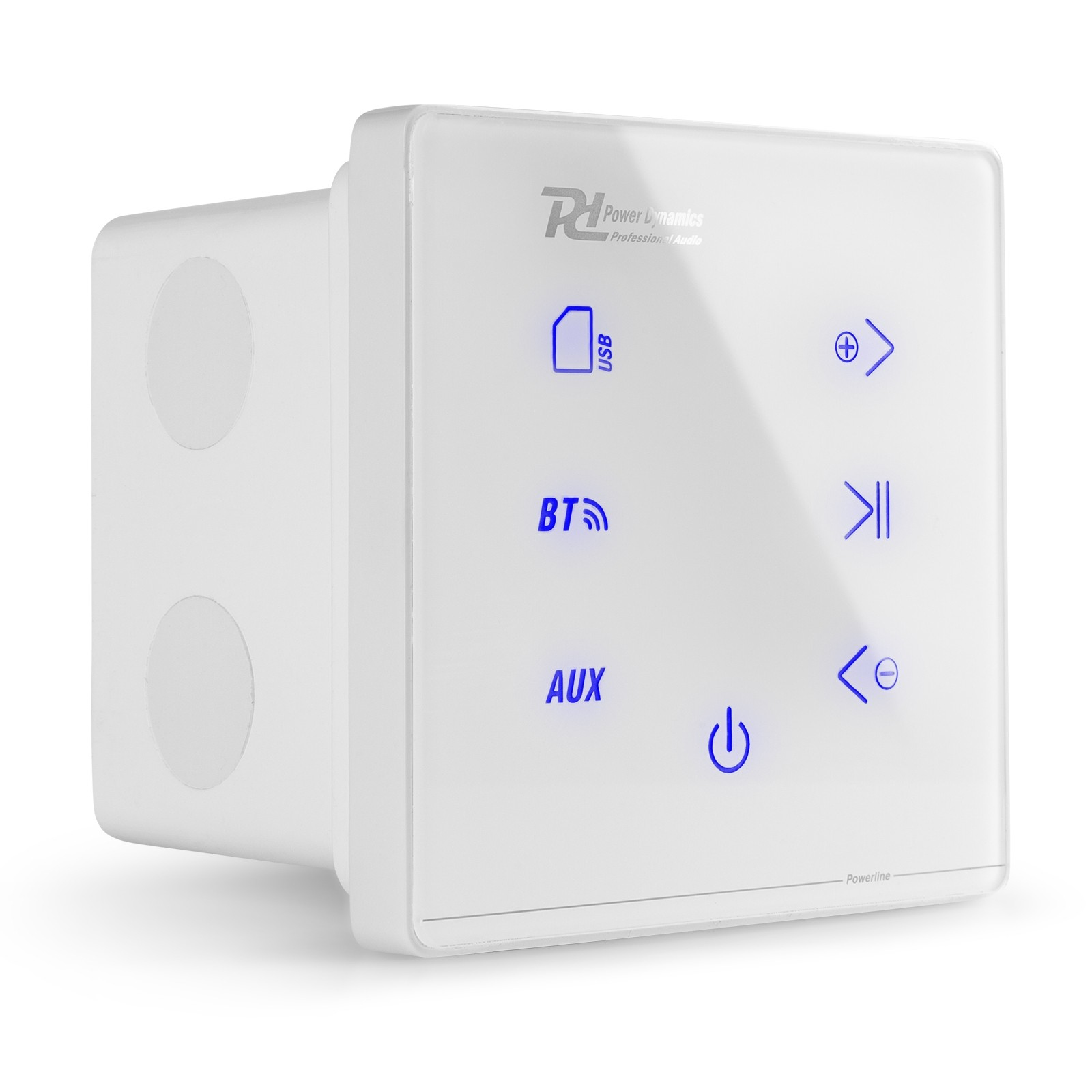 Un pannello di controllo audio bianco con icone blu per USB, Bluetooth, AUX, alimentazione, volume e controllo traccia.