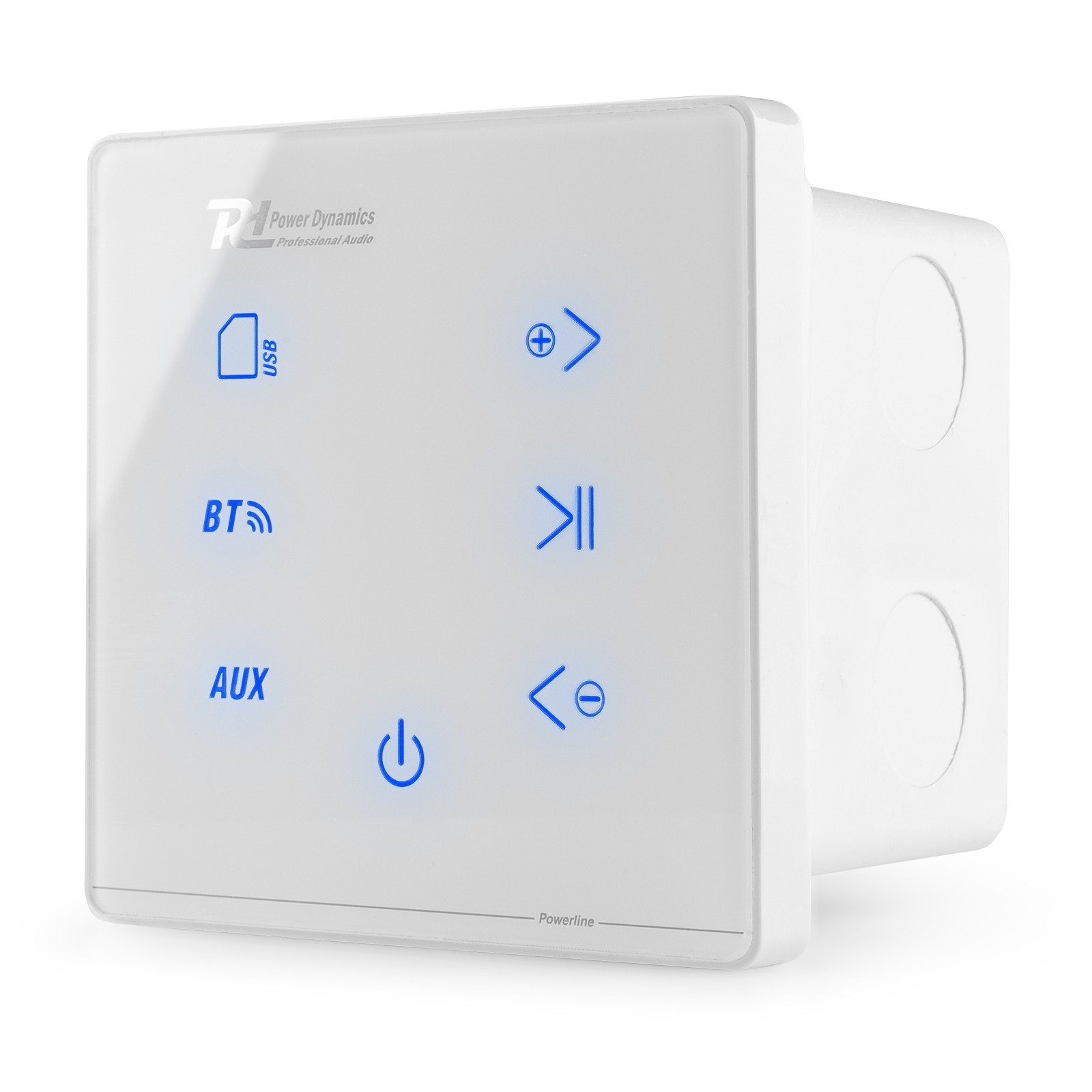 Pannello di controllo audio bianco con icone blu per USB, Bluetooth, Aux, alimentazione, volume e riproduzione. Il marchio è Power Dynamics.