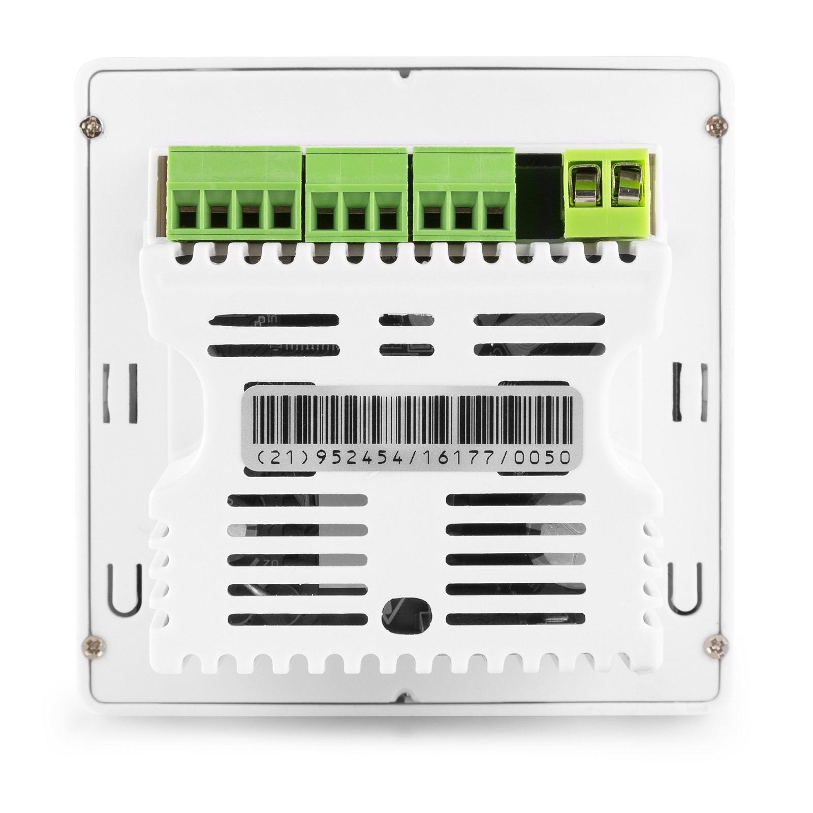 La parte trasera de un dispositivo electrónico blanco con conectores verdes y una etiqueta de código de barras. El dispositivo está montado en una superficie blanca.