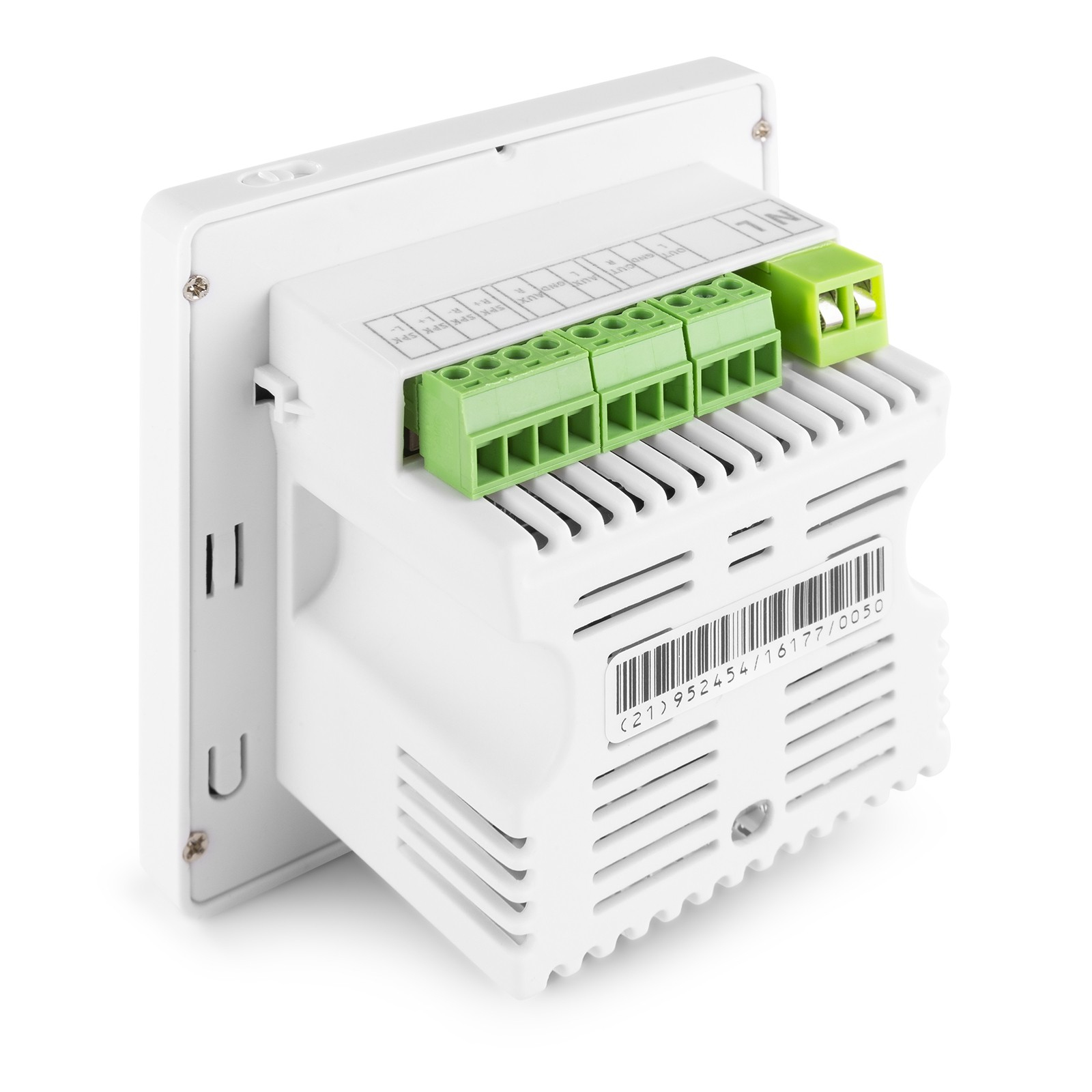 Un dispositivo electrónico blanco con conectores verdes y un código de barras. El dispositivo tiene ventilaciones y una etiqueta con texto.