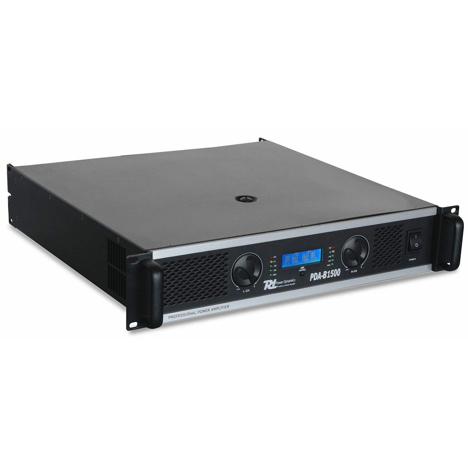Un amplificador de potencia negro con perillas de control y una pantalla digital. La marca es Power Dynamics, modelo PDA-B1500.