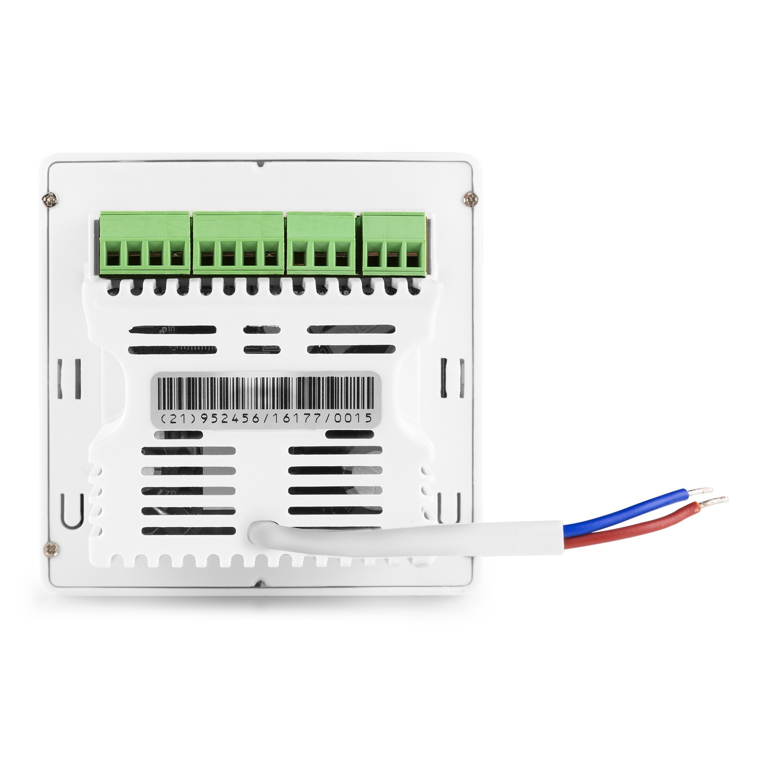Dispositivo elettronico bianco con connettori verdi, codice a barre, prese d'aria e fili. Fili blu e rossi escono.