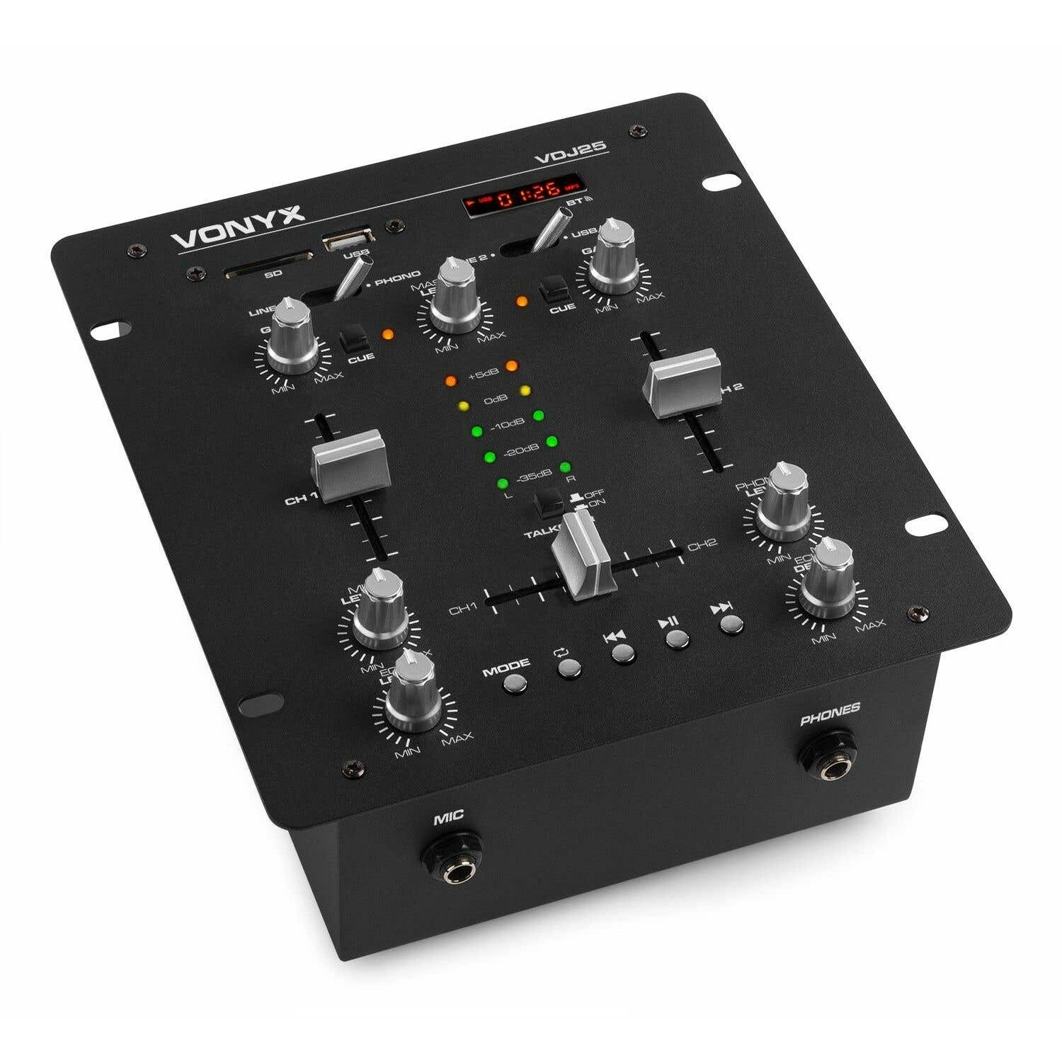 Mezclador Vonyx VDJ25 negro con perillas, deslizadores y puertos. Incluye USB, SD y conectores de teléfono, y tiene una pantalla digital.
