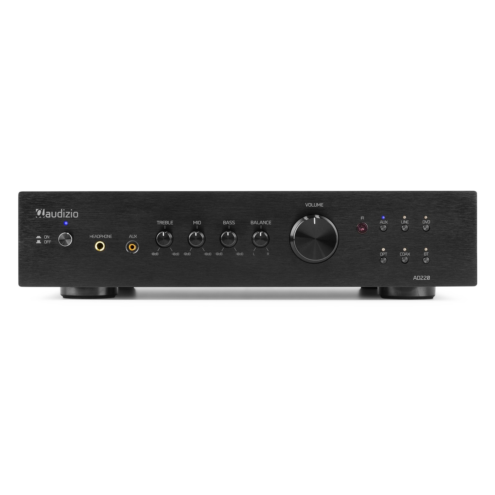 Amplificador de audio negro con perillas y botones. Control de agudos, medios, bajos, balance y volumen, con conector de auriculares.