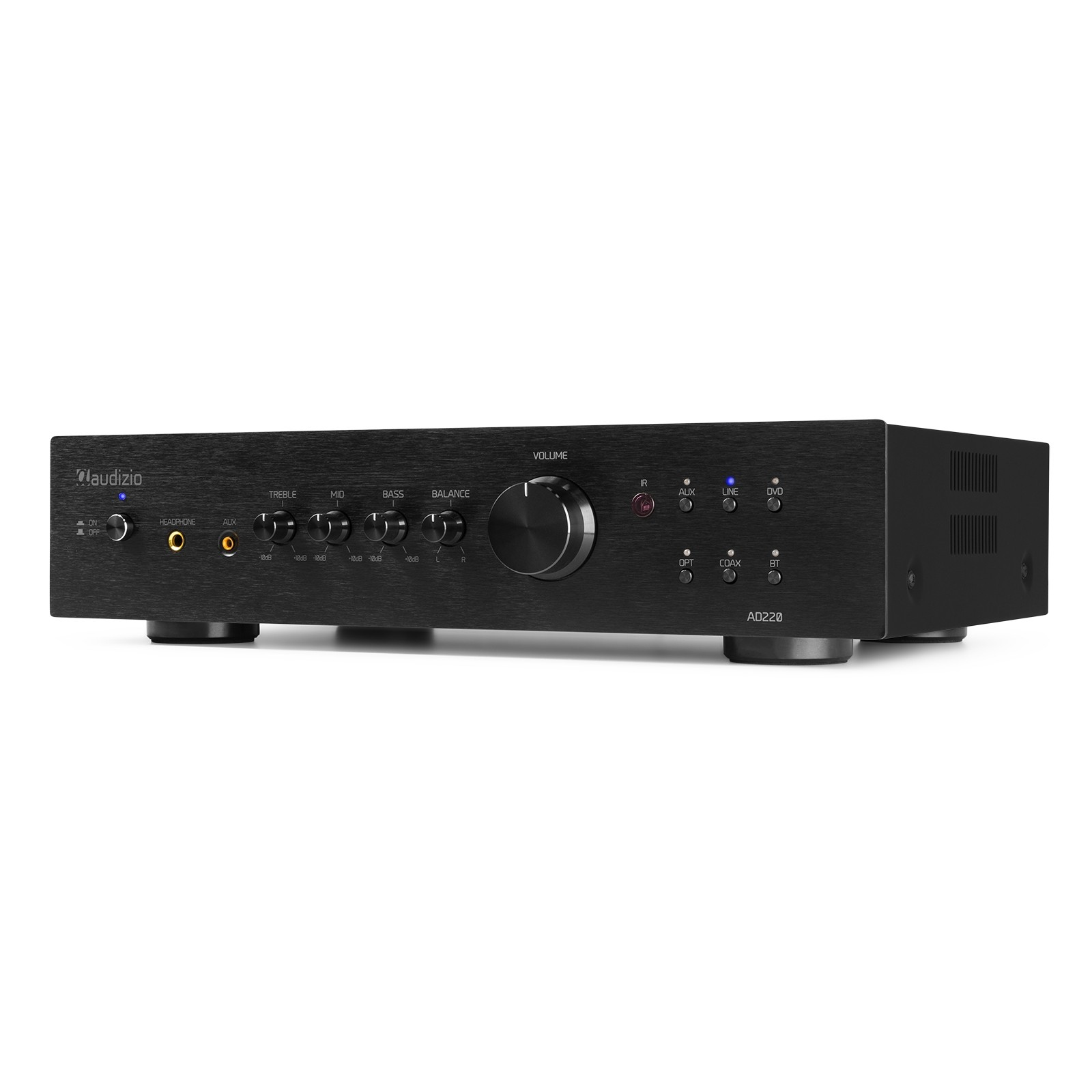 Un amplificador de audio negro con perillas y botones. Tiene entradas para auriculares y aux. El control de volumen está centrado.