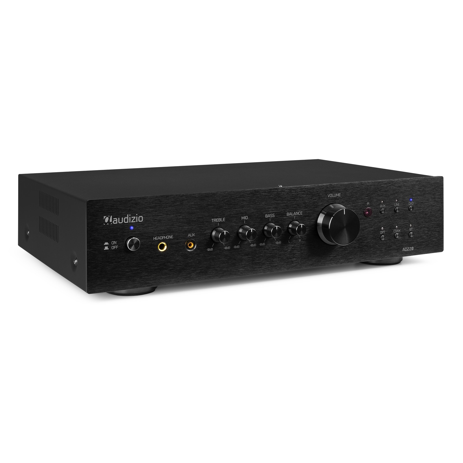 Amplificador de audio negro con perillas y botones. Tiene controles de volumen, agudos, medios, bajos y balance.