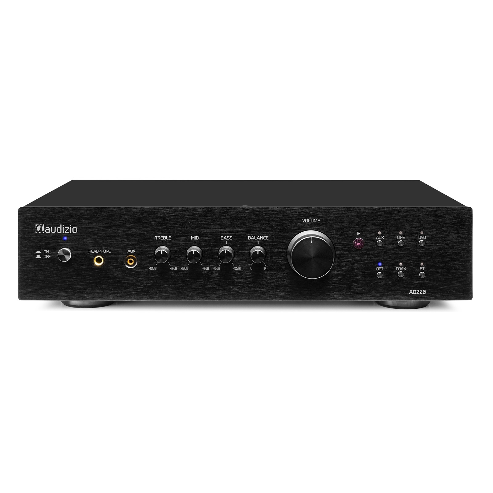 Amplificador Audizio AD220 negro. Tiene perilla de volumen, botones de selección de entrada y perillas de ajuste para agudos, medios, bajos y balance.