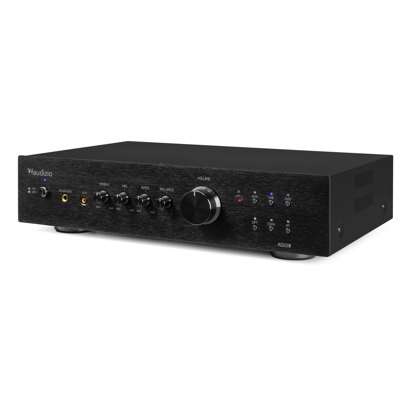 Amplificador de audio negro con perillas para volumen, bajos, agudos y otras configuraciones. Tiene botones e indicadores LED.