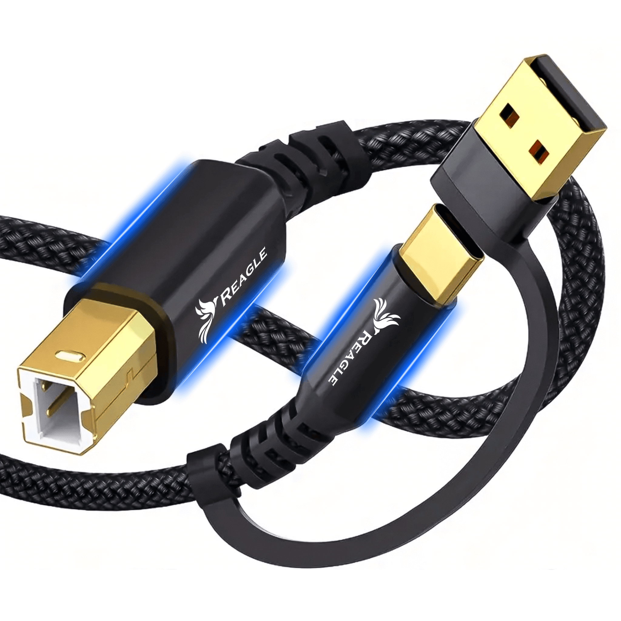 Czarny i złoty kabel USB z plecionym przewodem. Złącza mają logo Reagle. Niebieskie światła podkreślają złącza.