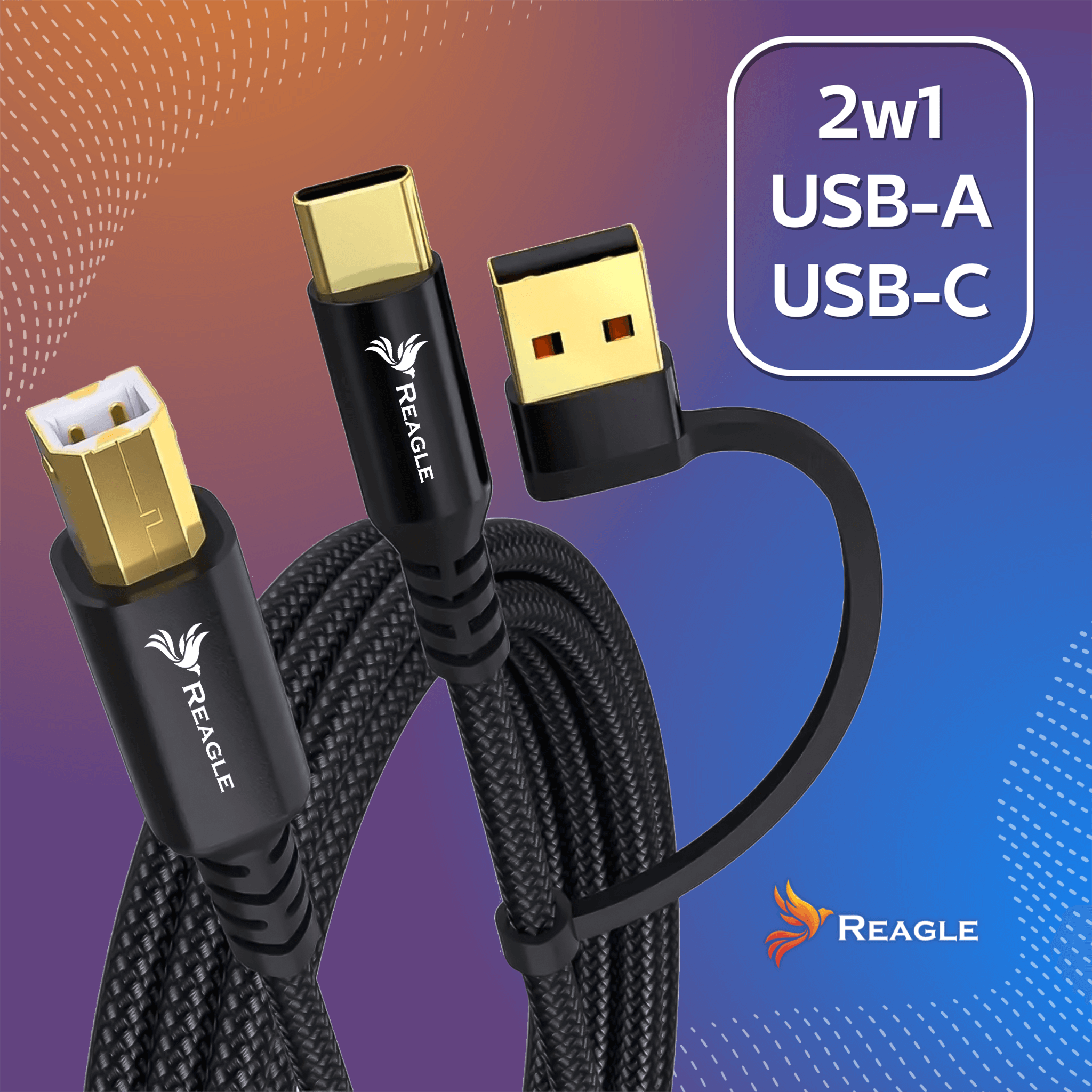 Czarny kabel USB ze złotymi złączami. Opakowanie zawiera napis '2w1 USB-A USB-C' i logo Reagle.
