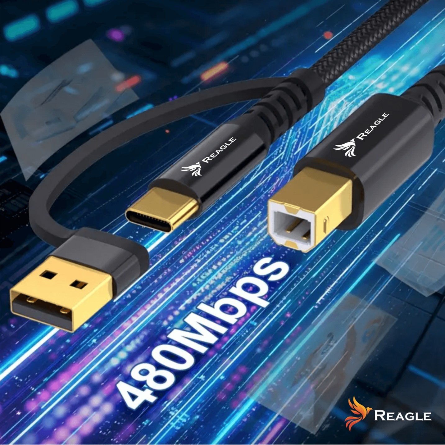 Czarny kabel USB ze złotymi złączami i napisem "Reagle" na kablu. Tło ma niebieski cyfrowy wzór.