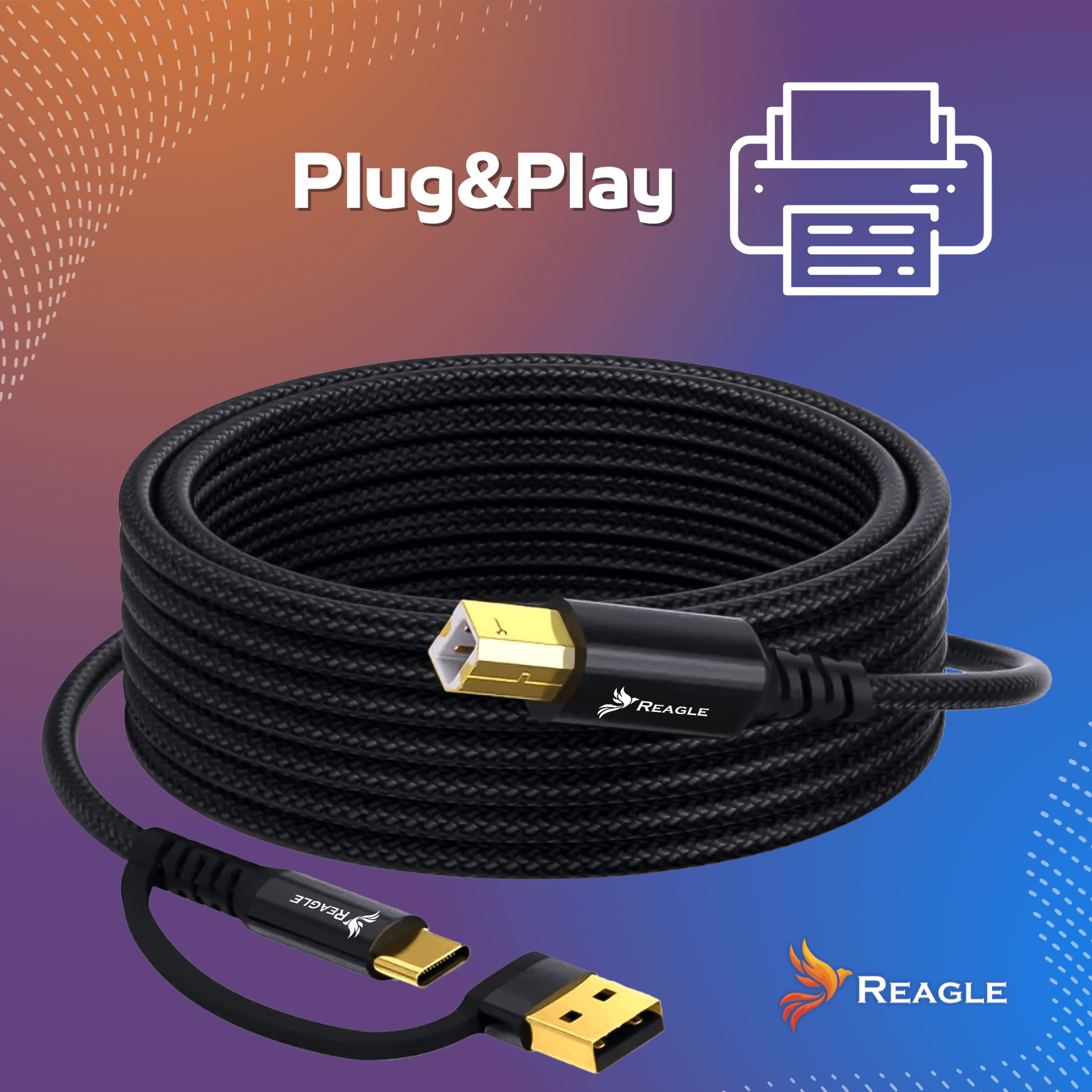 Czarny kabel USB Reagle zwinięty, ze złotymi złączami. Tekst: Plug&Play. Ikona drukarki. Tło gradientowe.