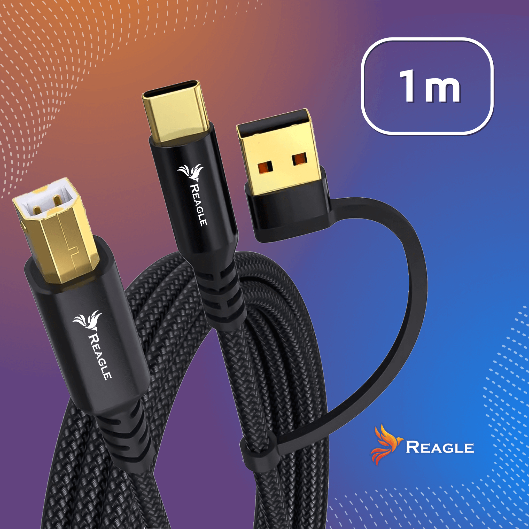 Czarne plecione kable USB ze złotymi złączami, jeden USB-C, jeden USB-A i jeden USB-B. Kabel ma długość 1 metra.