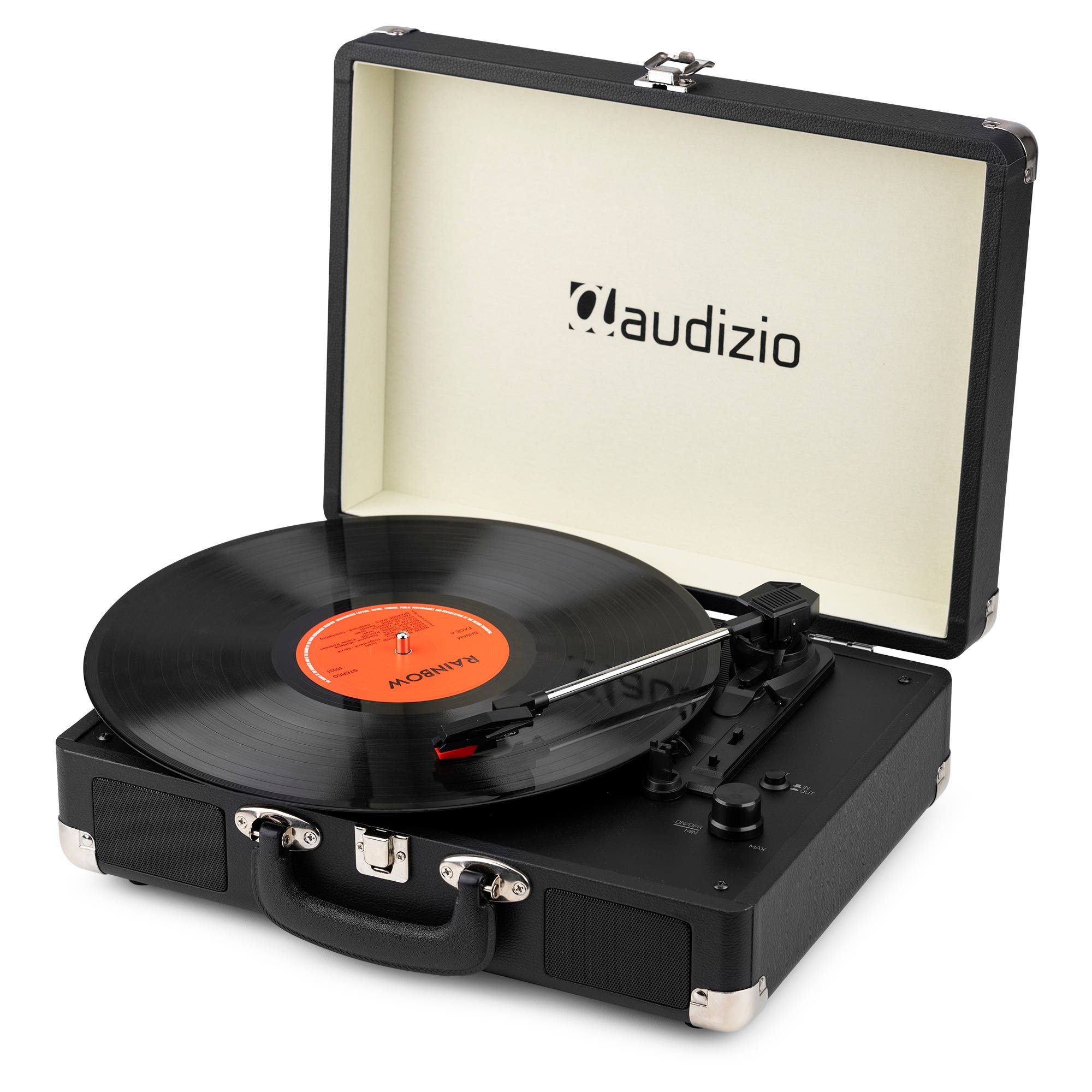 Tocadiscos negro en un estuche negro con tapa abierta, que muestra un disco de vinilo. La marca es 'claudizio'.