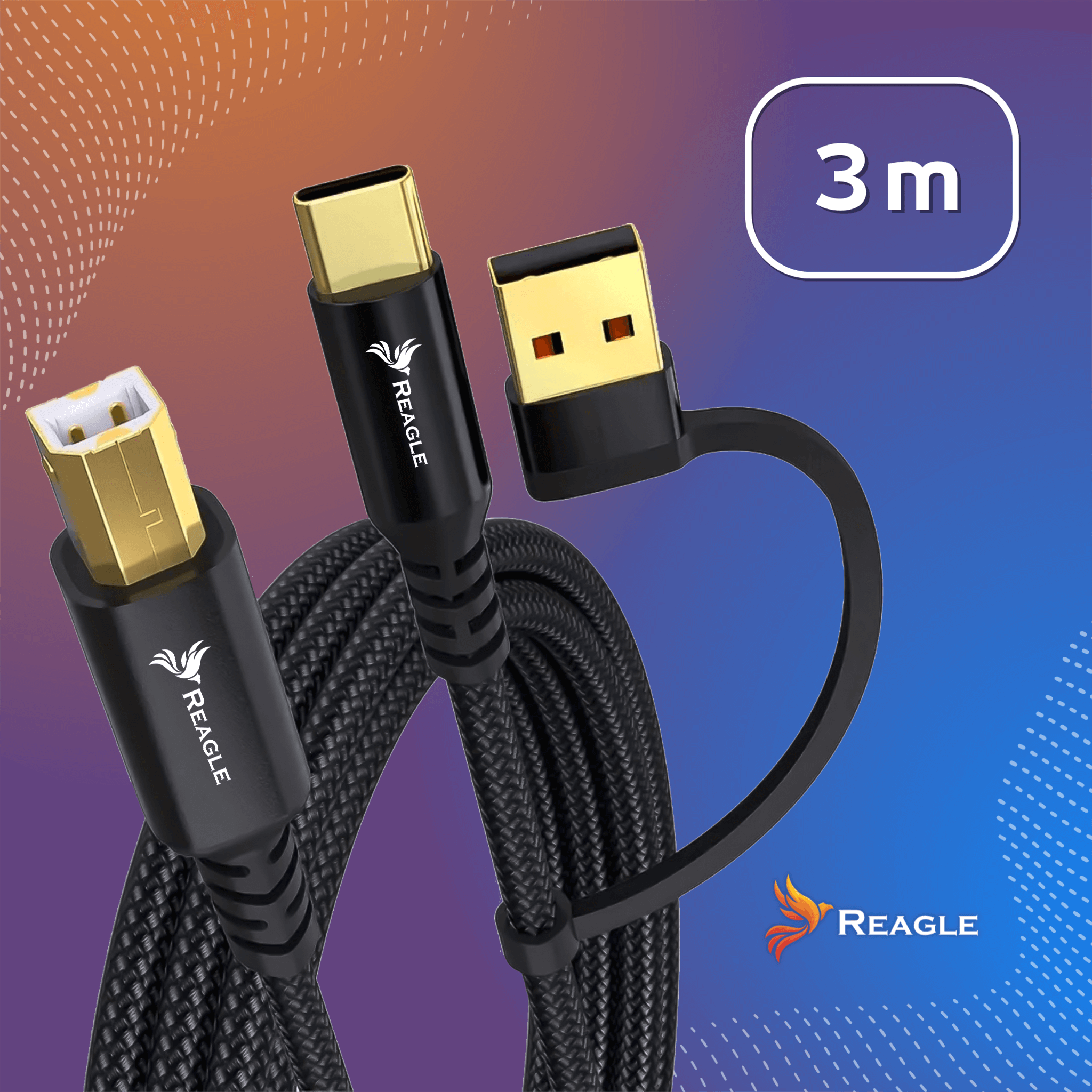 Zdjęcie trzech czarnych kabli USB ze złotymi złączami. Kable mają długość 3 metrów. Marka to Reagle.