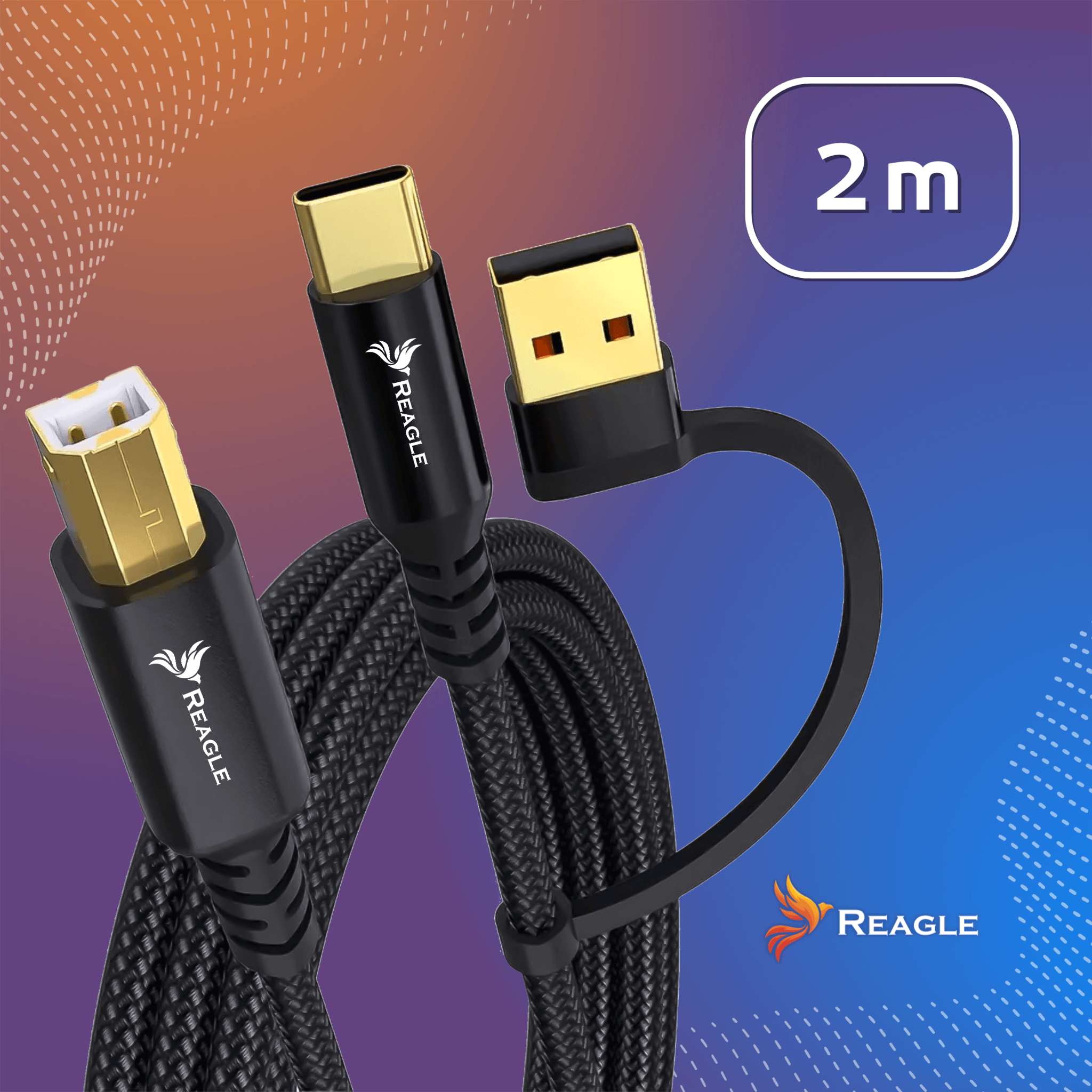Czarne kable USB ze złotymi złączami. Tło to gradient pomarańczowo-niebieski. Widoczny biały prostokąt z napisem '2 m'.