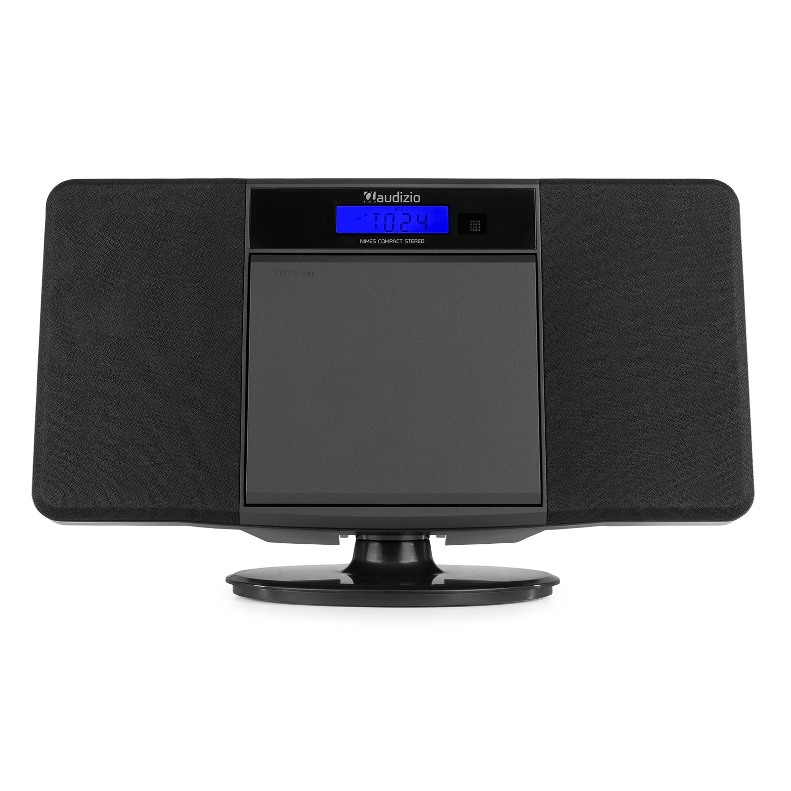 Un equipo estéreo compacto Audizio negro sobre fondo blanco. Tiene pantalla digital y dos altavoces a cada lado.