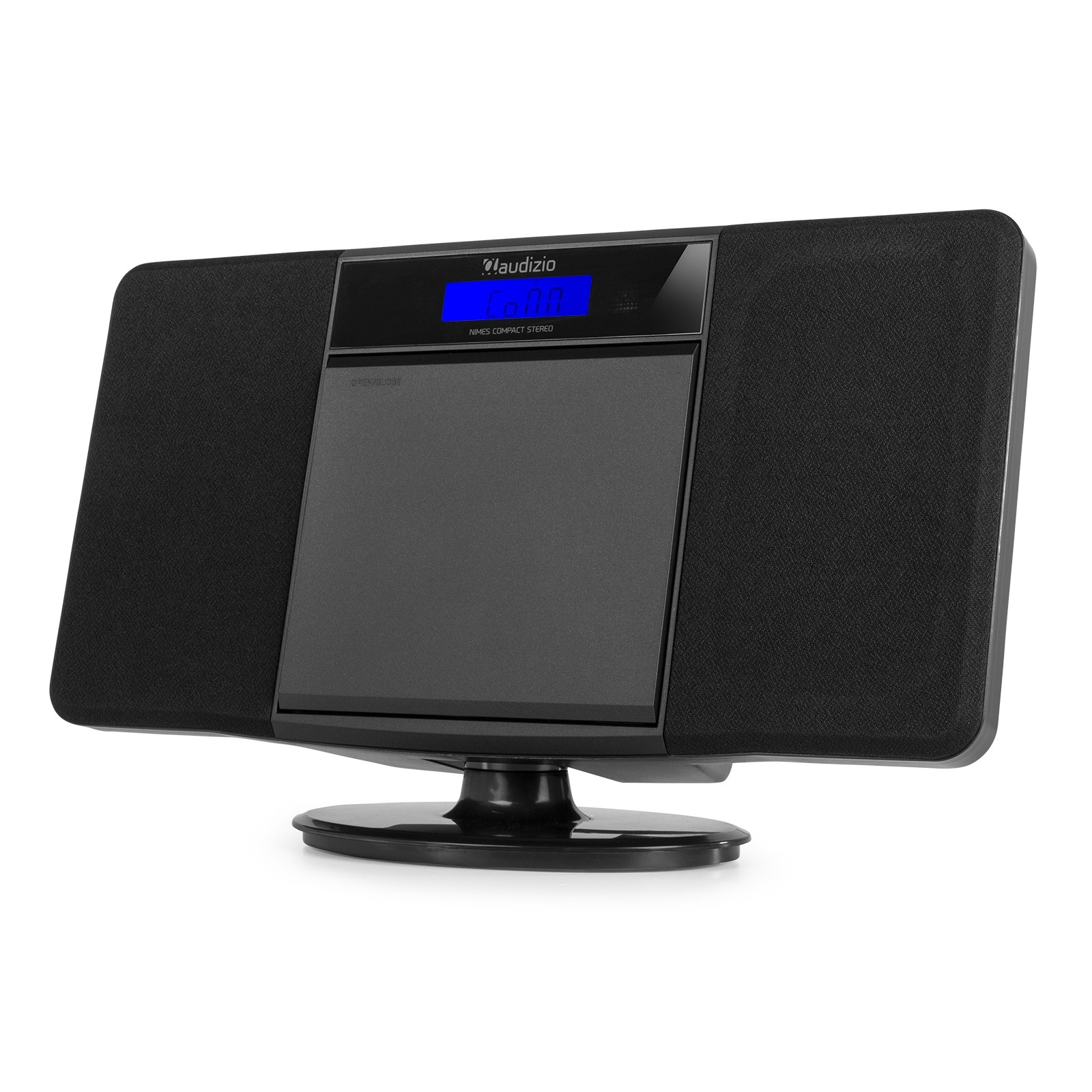 Un sistema estéreo Audizio negro sobre fondo blanco. Tiene pantalla, altavoces y soporte.