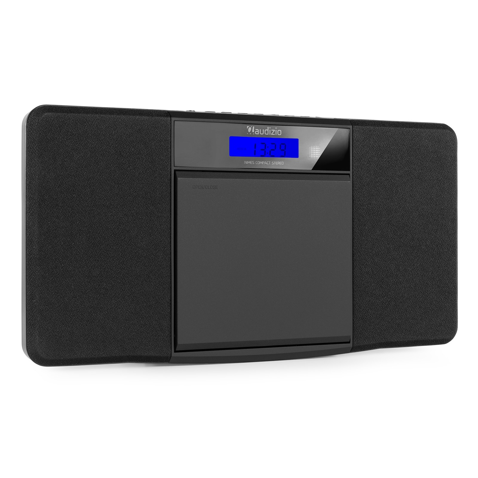 Un equipo de música negro con un reloj digital que muestra las 13:29. Tiene reproductor de CD y altavoces a cada lado.