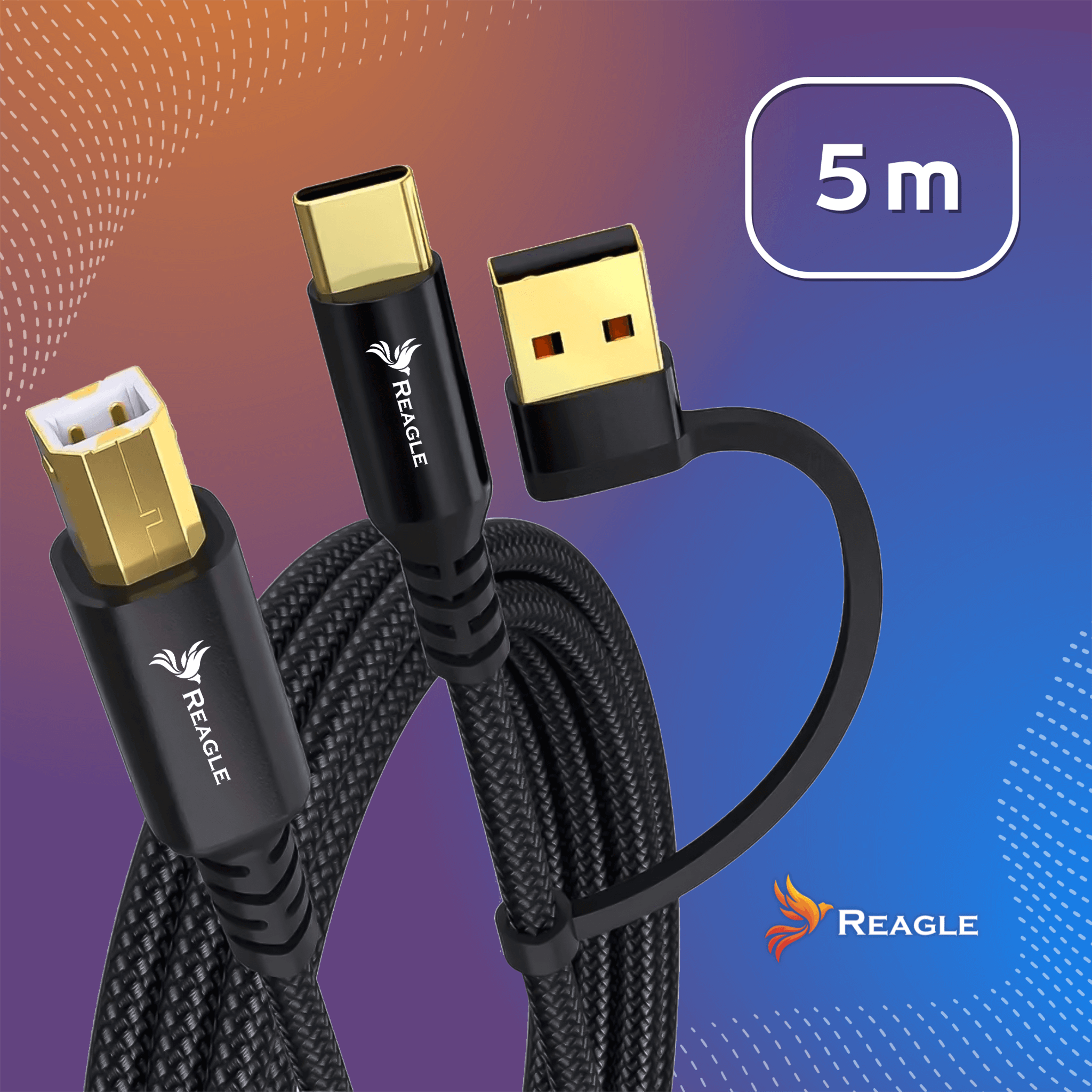 Czarne kable USB ze złotymi złączami, 5m, marki 'Reagle'.