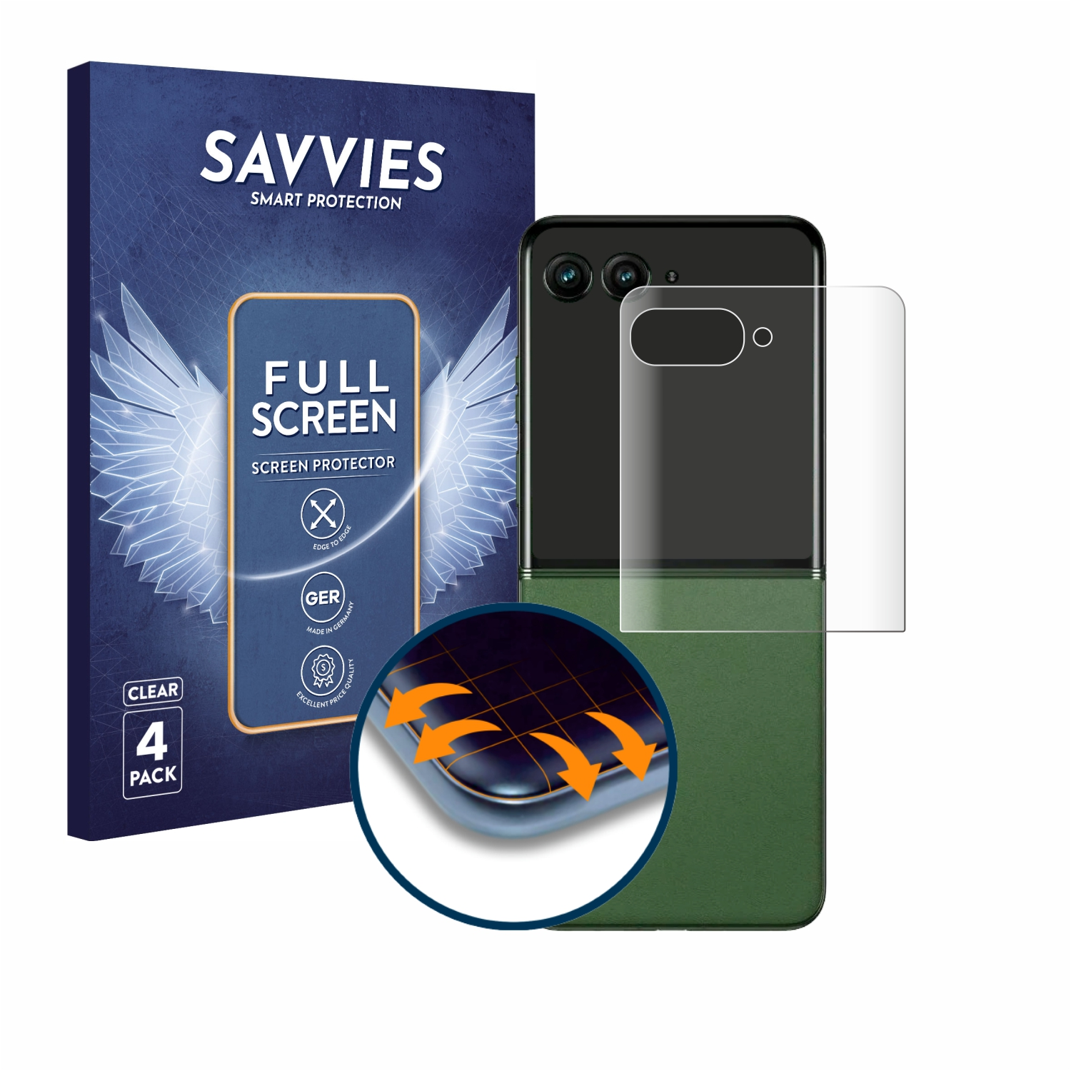 Ein Telefon mit Displayschutzfolie, eine Schachtel mit Savvies-Displayschutzfolien und eine Nahaufnahme der Kante des Protektors.