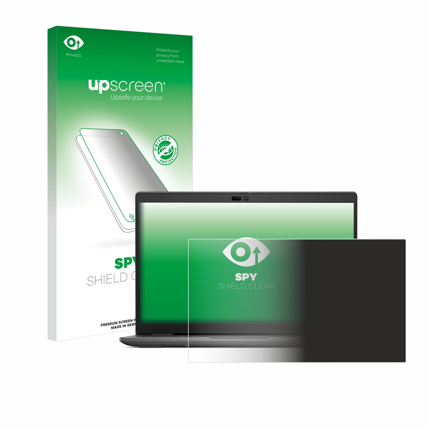 Ein Laptop mit einem Sichtschutz, eine Schachtel mit der Marke 'upscreen' und ein Sichtfilter. Der Filter ist schwarz und bedeckt einen Teil des Bildschirms.