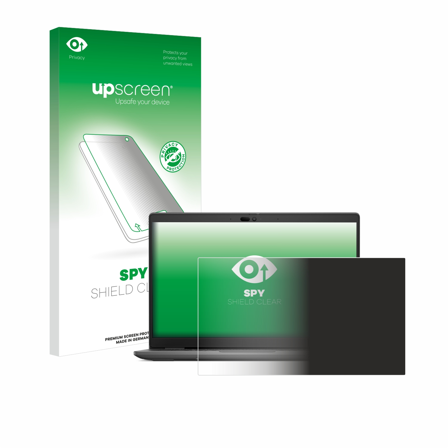 Ein Laptop mit einem Blickschutz und einer Box. Auf der Box steht der Markenname 'upscreen'.
