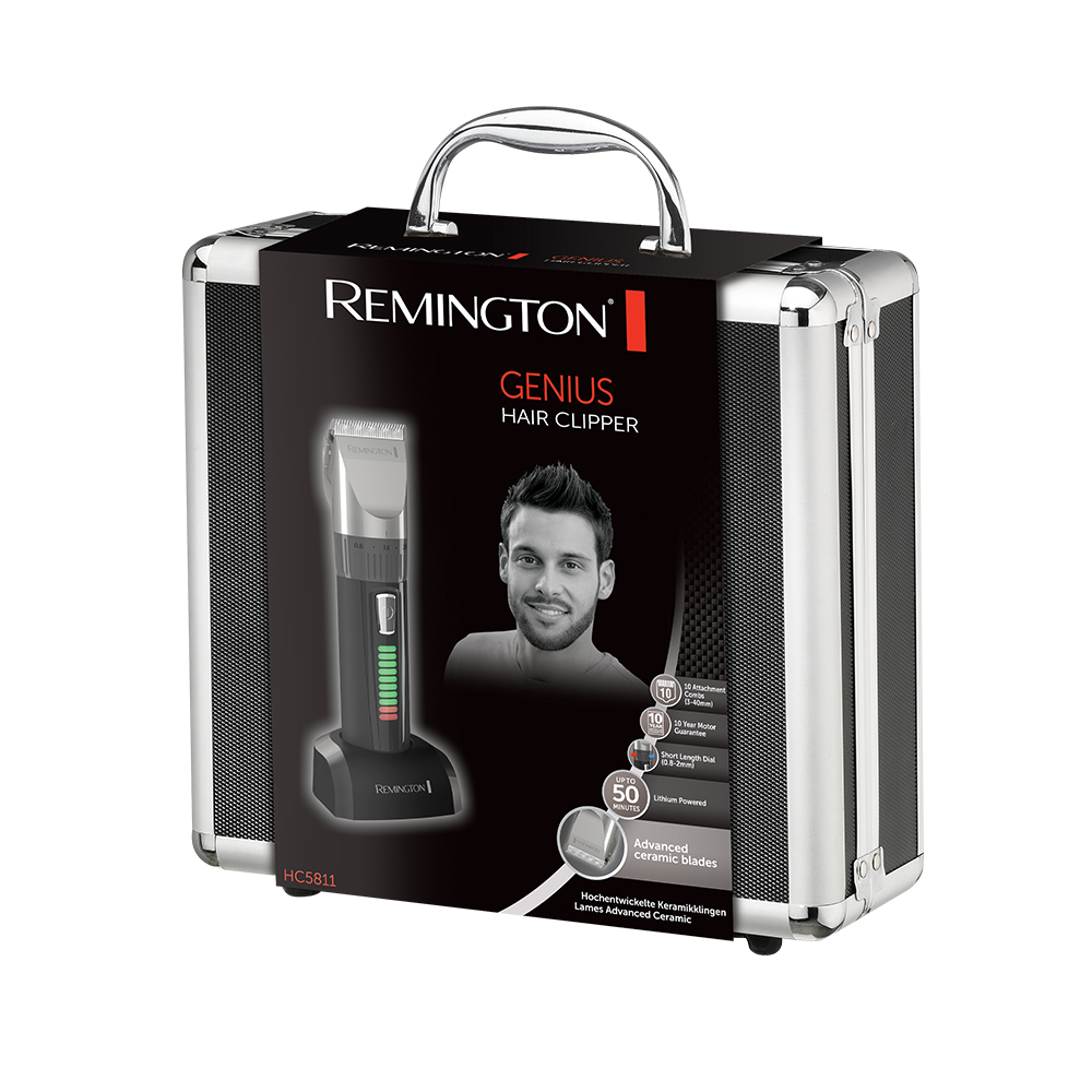 Tosatrice Remington Genius in valigetta argentata. La scatola mostra un uomo, la tosatrice e le caratteristiche. Include 10 accessori, 10 anni di garanzia.