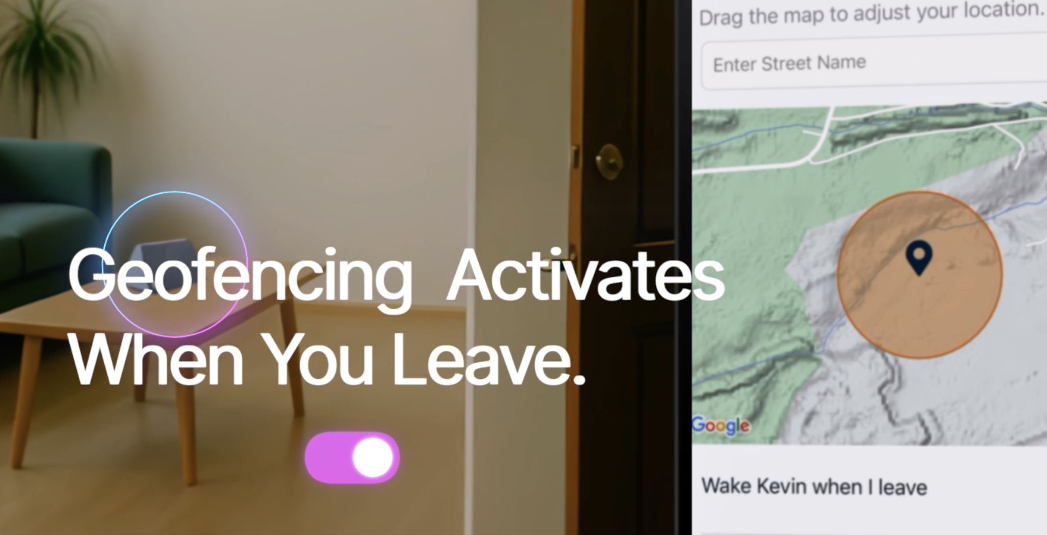 Ein Raum mit Tisch, Text-Overlay: Geofencing aktiviert sich beim Verlassen. Eine Karte zeigt einen Standort mit Radius.