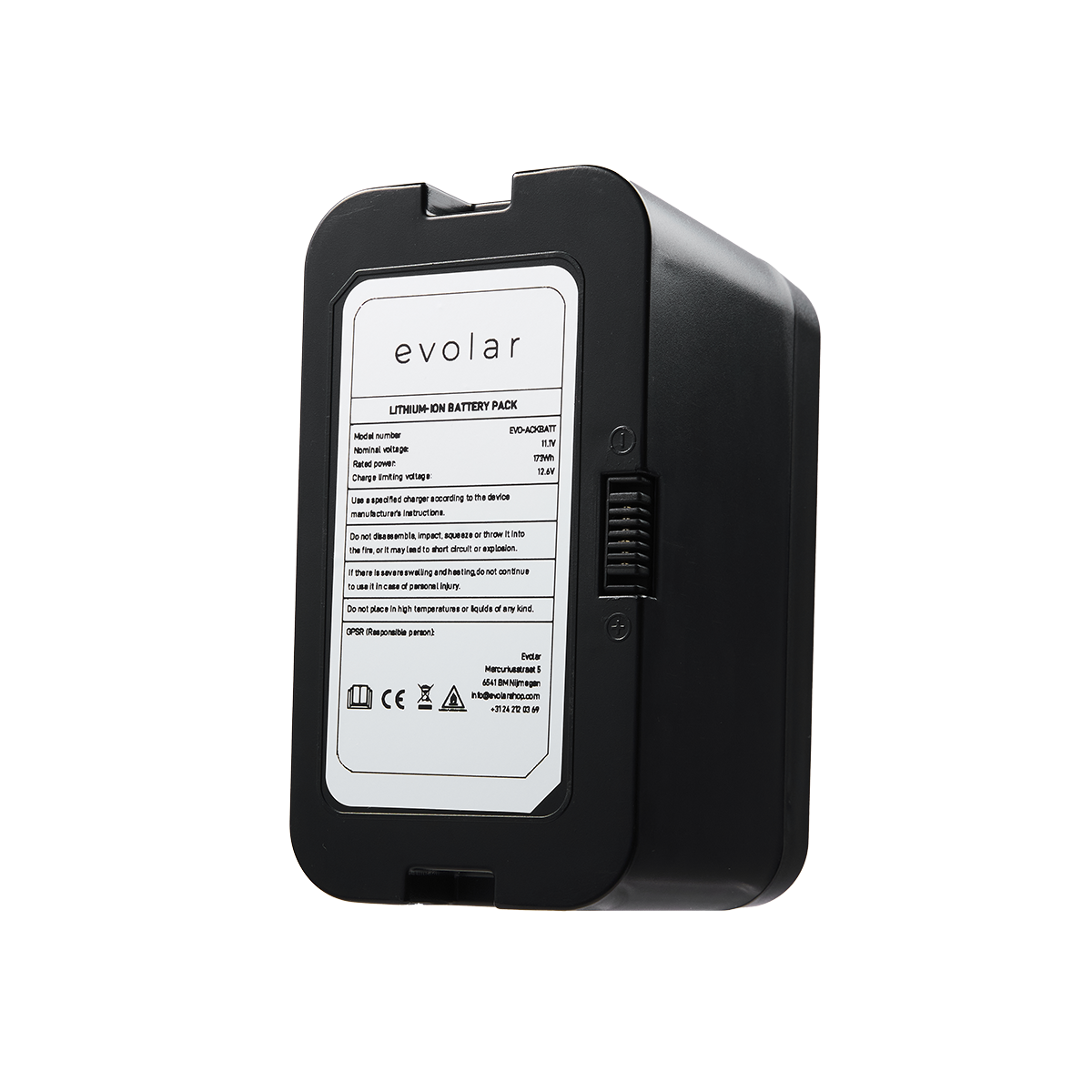 Un pacco batteria agli ioni di litio nero con etichetta 'Evolar'. Ha un adesivo bianco con specifiche. Lo sfondo è bianco.