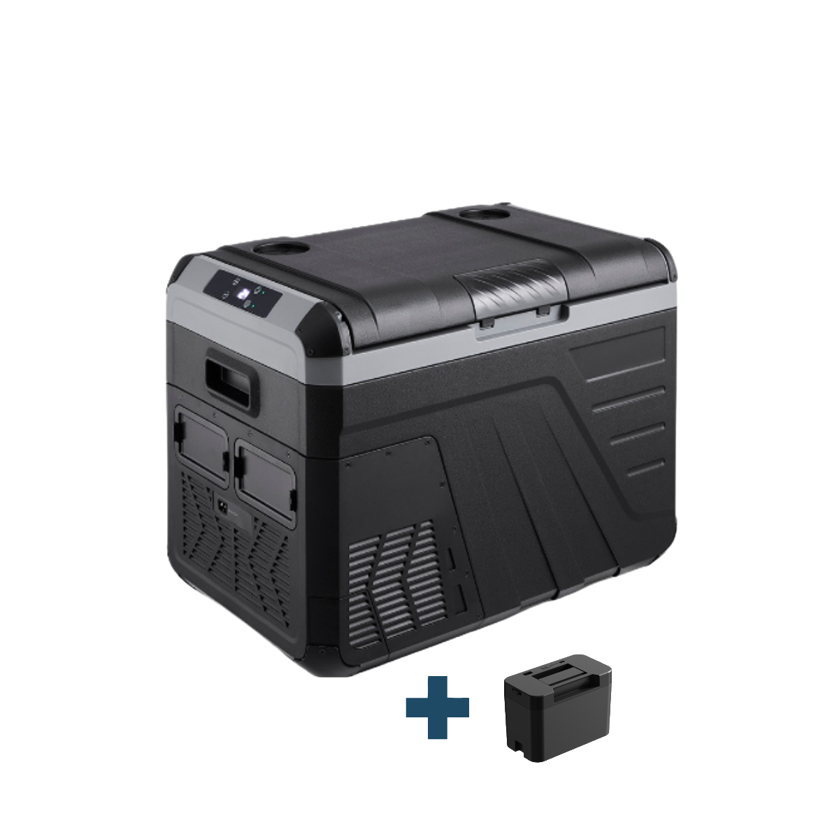 Un'cooler portatile nero e grigio con un pacco batteria separato. Il frigorifero ha un pannello di controllo e maniglie.