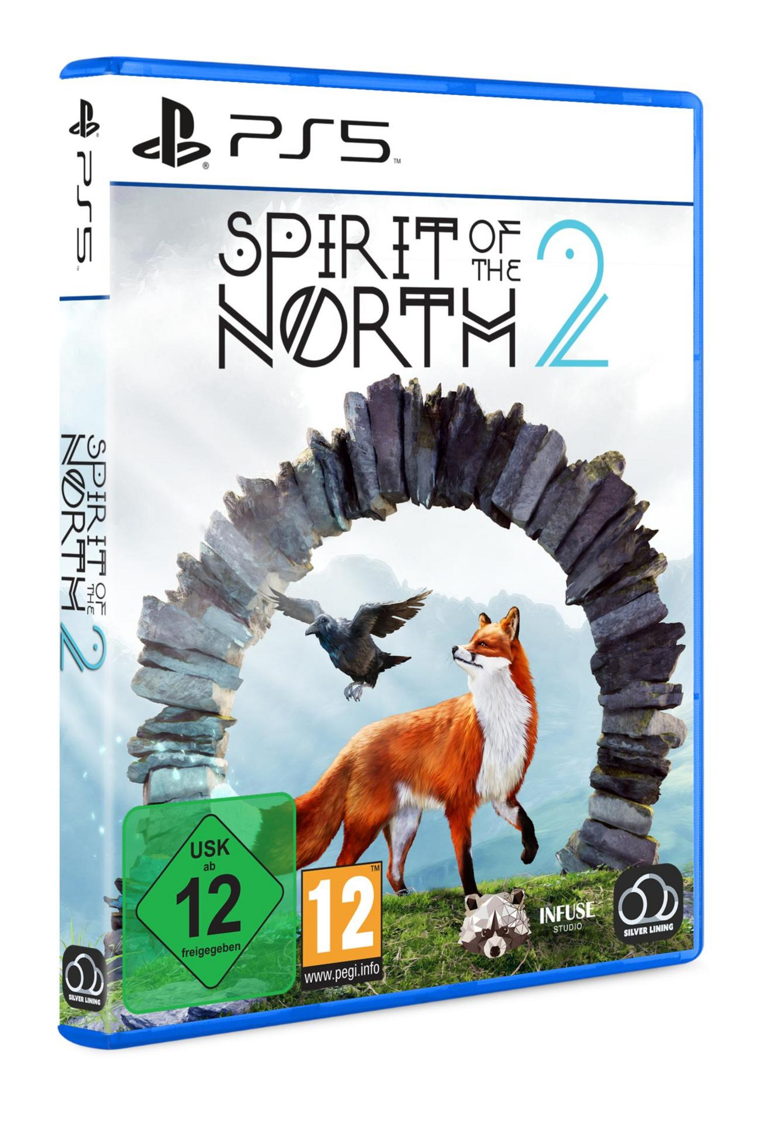 Artwork della scatola del gioco. Una volpe sotto un arco di pietra con un corvo. Il titolo dice Spirit of the North 2. Il logo PS5 è in alto a sinistra.