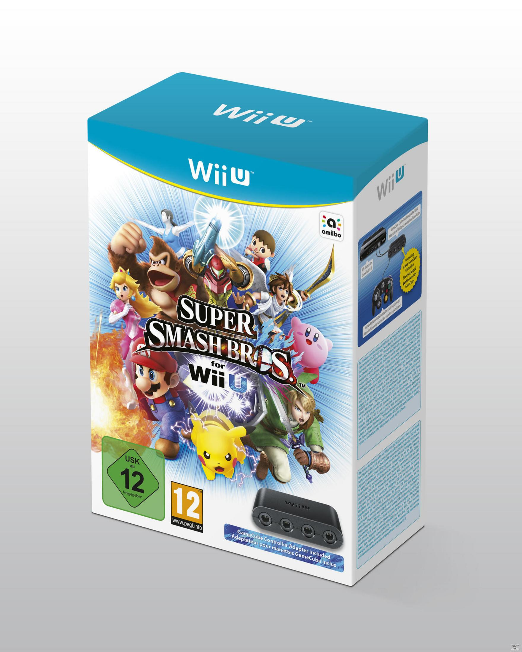 Boxart für Super Smash Bros. für Wii U. Mit Charakteren wie Mario und Link. Enthält einen GameCube-Adapter.