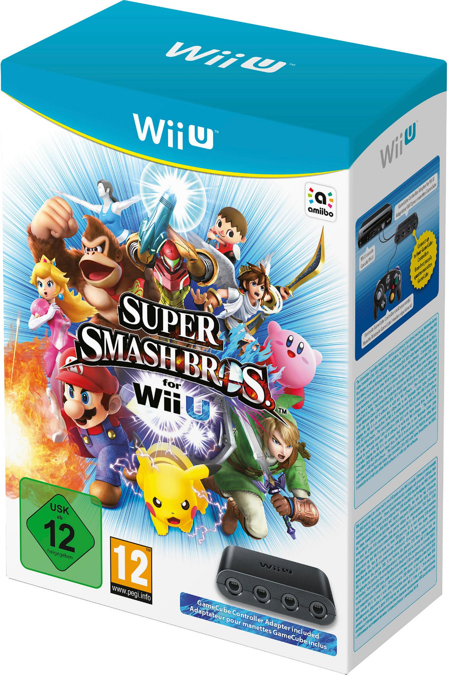 Box-Art für Super Smash Bros. für Wii U, mit Charakteren wie Mario, Link, Pikachu und Donkey Kong.