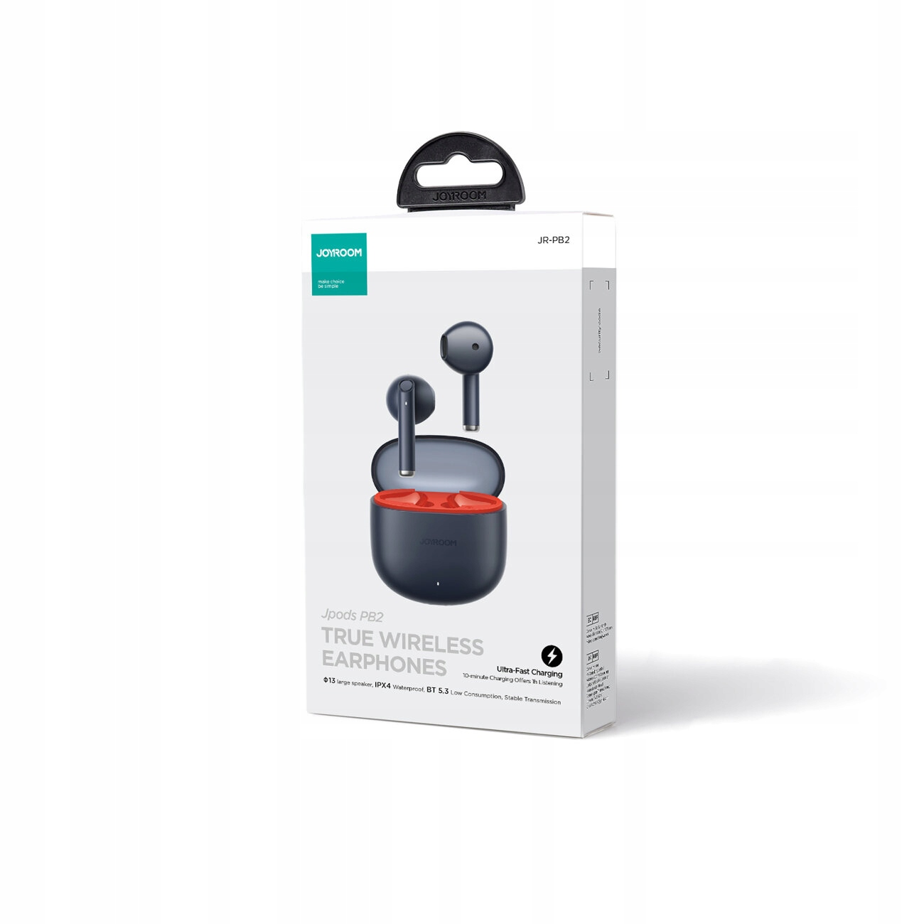 Eine Produktverpackung der kabellosen Joyroom Jpods PB2-Kopfhörer. Die Verpackung zeigt Kopfhörer, Ladeetui und Produktdetails vor weißem Hintergrund.