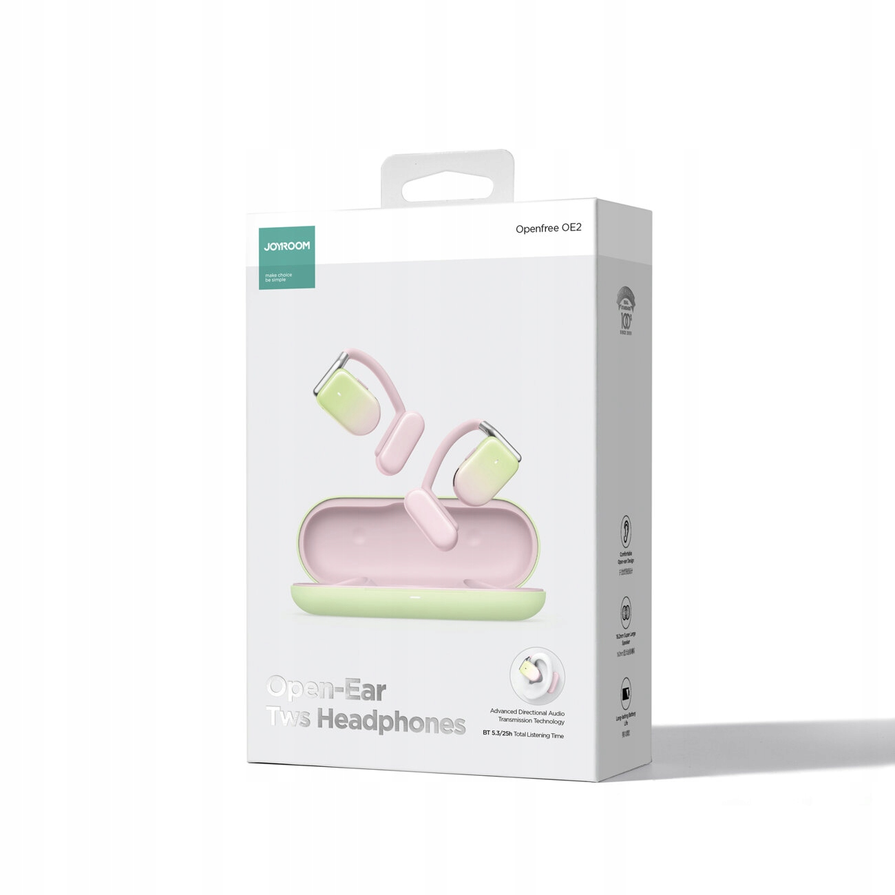 Una scatola mostra cuffie TWS Open-Ear rosa e verdi. La scatola ha il marchio JOYROOM e i dettagli del prodotto, incluso il tempo.