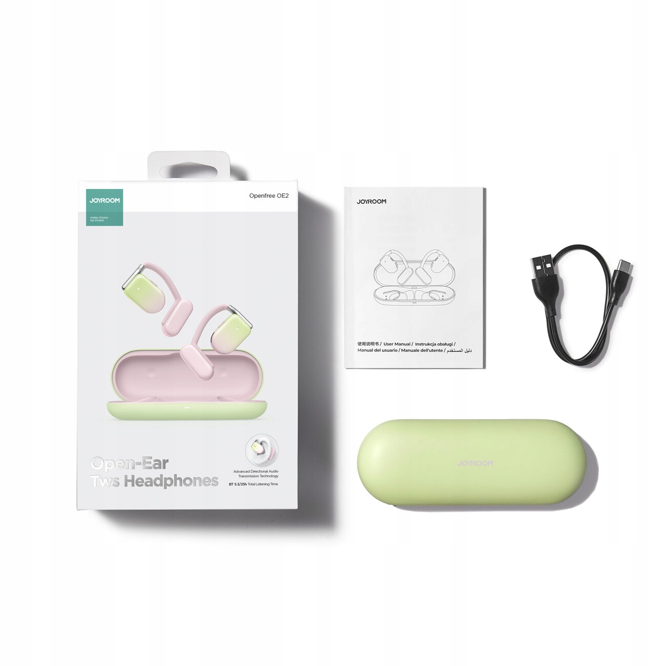 Uno sfondo bianco con cuffie TWS open-ear, un manuale, un cavo di ricarica e una custodia. Le cuffie sono rosa e verdi.
