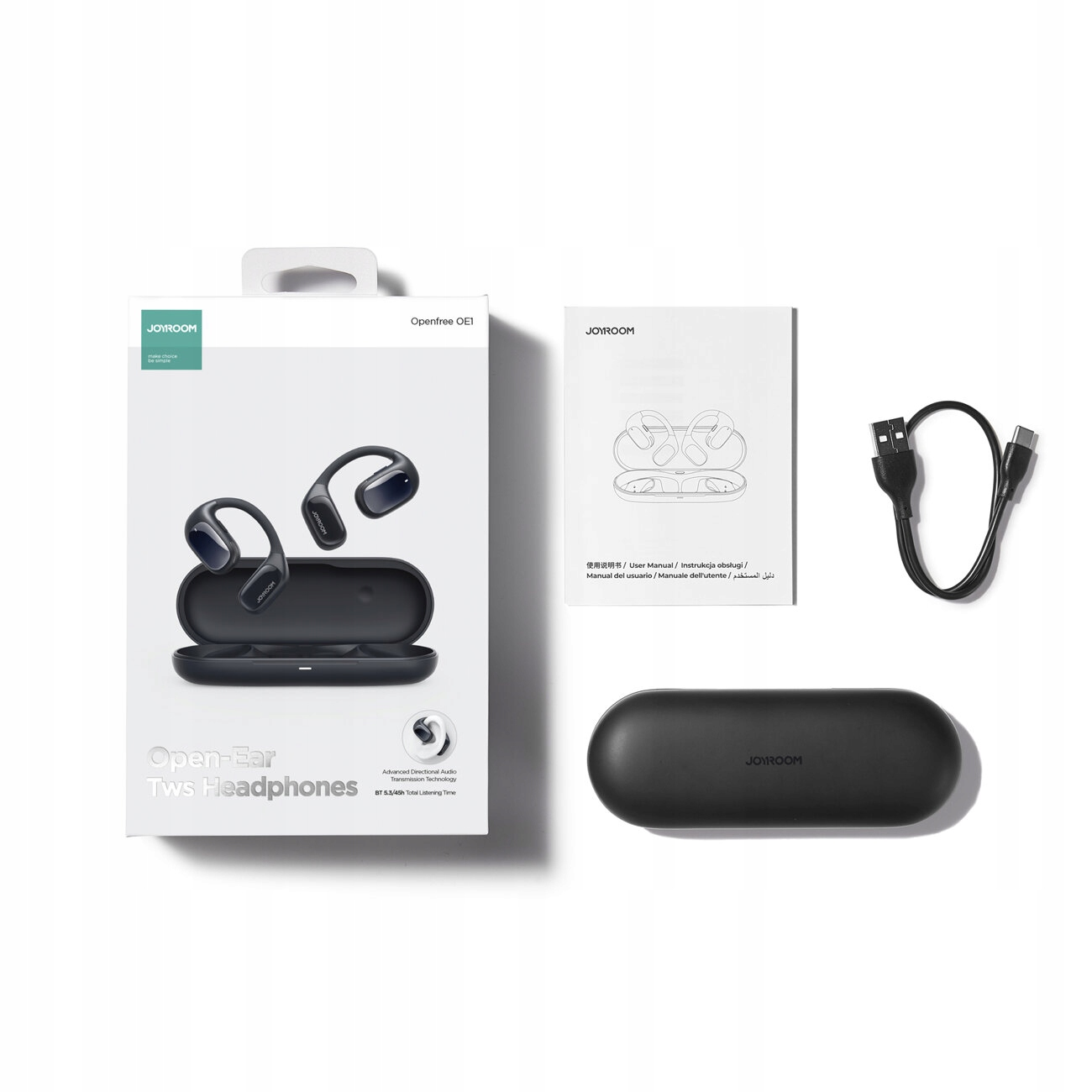 Auf einer weißen Oberfläche sind eine weiße Schachtel mit schwarzen Kopfhörern, ein Handbuch, ein Ladekabel und ein schwarzes Etui abgebildet.