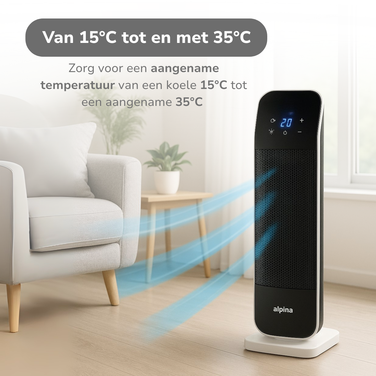 Een kamer met een verwarming. Witte fauteuil, bijzettafel met plant en raam zijn zichtbaar. De verwarming geeft 20°C aan.