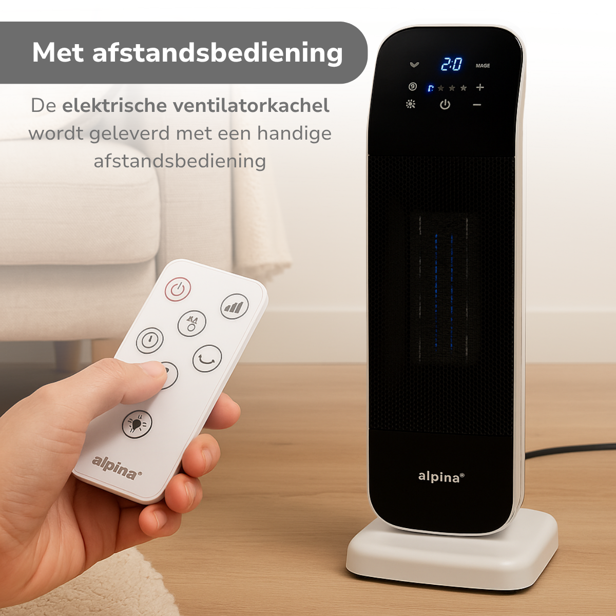 Een hand houdt een afstandsbediening voor een zwart-witte kachel. De tekst luidt 'Met afstandsbediening', wat 'Met afstandsbediening' betekent.