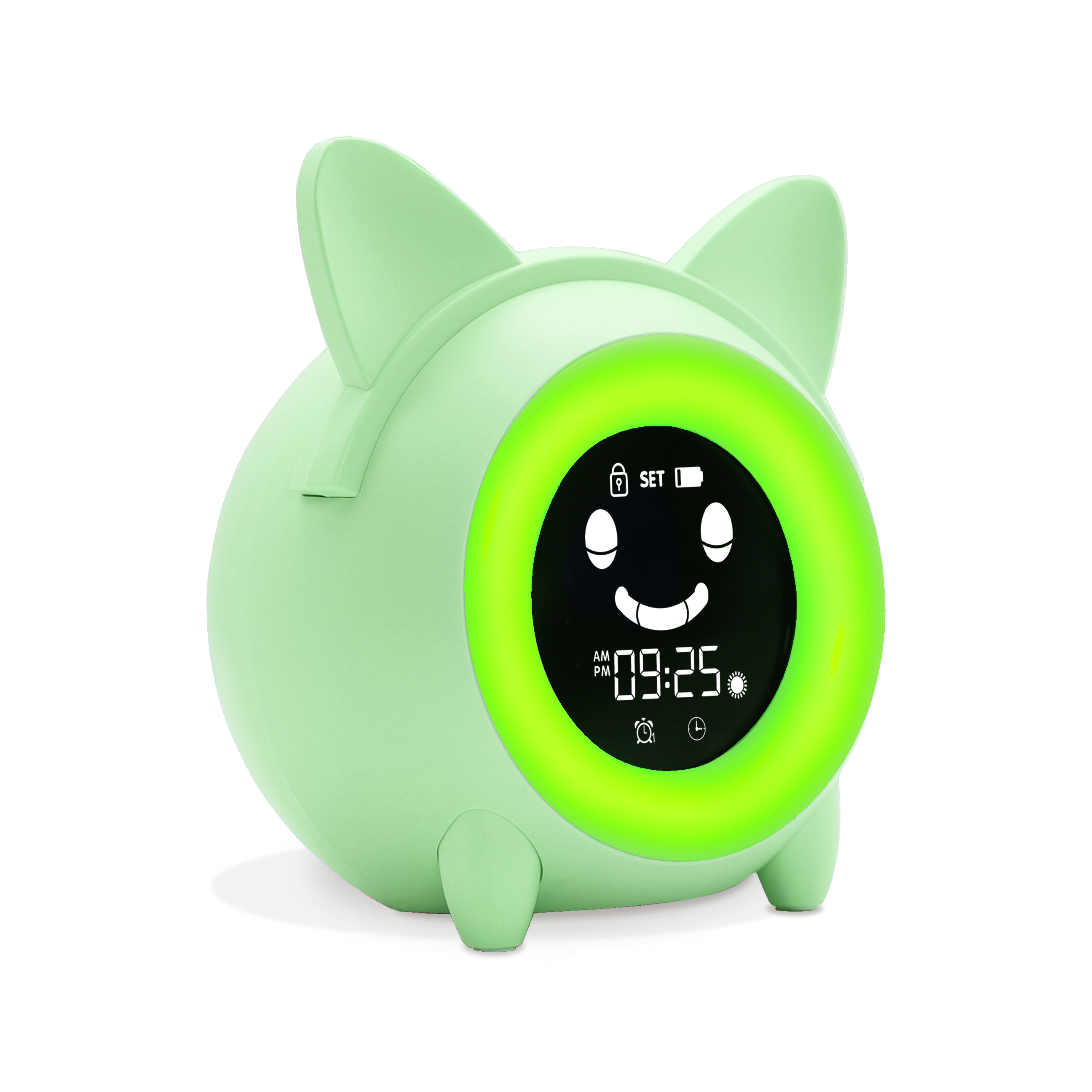 Un despertador verde con forma de cerdo. Tiene una pantalla circular que muestra la hora. El fondo es blanco.