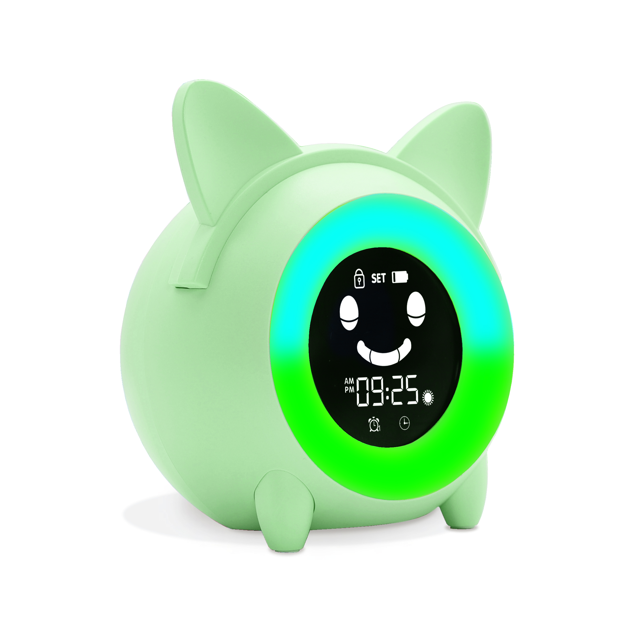 Un despertador verde y blanco con una cara sonriente. El reloj muestra la hora. Tiene forma de cerdo con orejas.