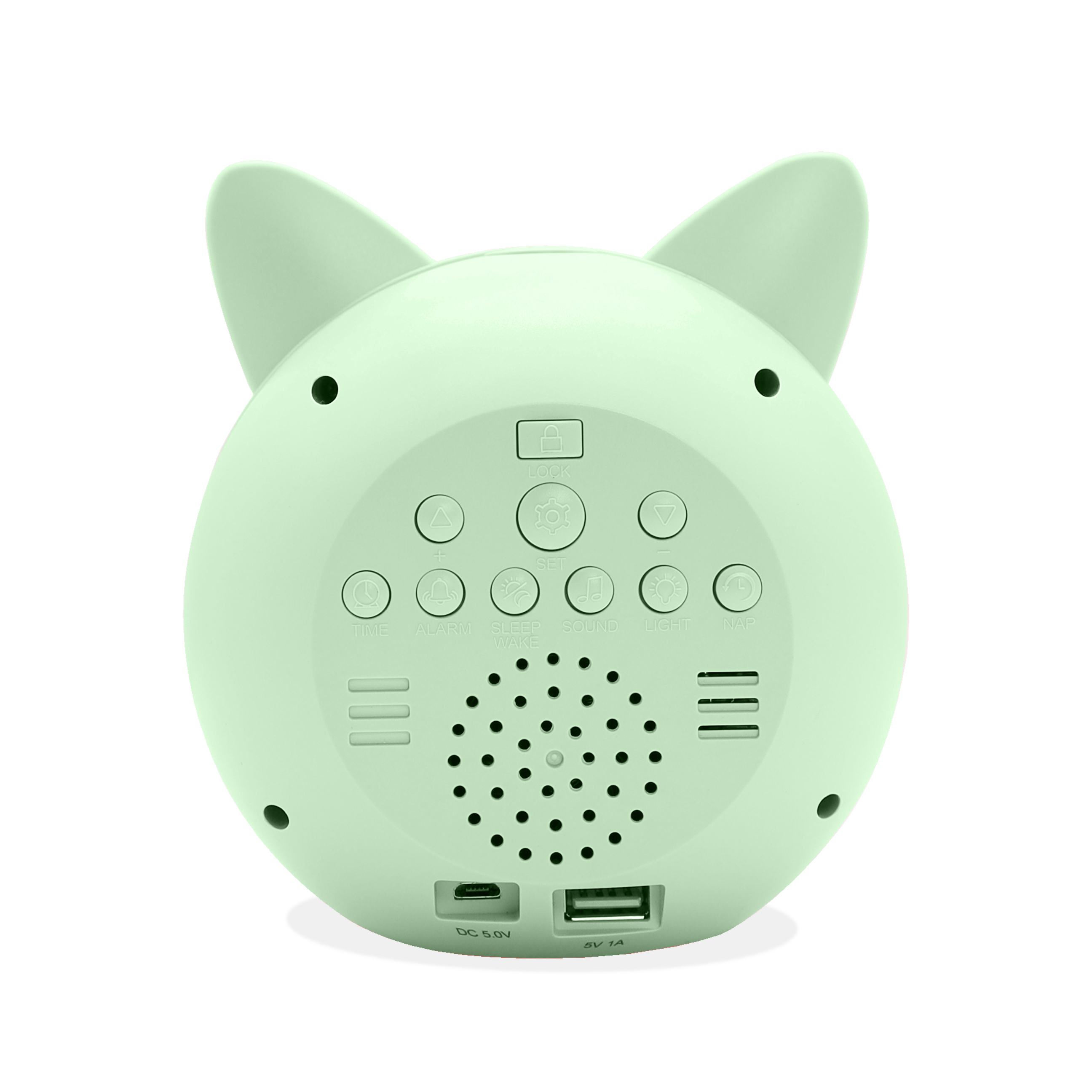 Un reloj digital en forma de gato verde menta. Tiene dos orejas, botones, un altavoz y puertos. El fondo es blanco.