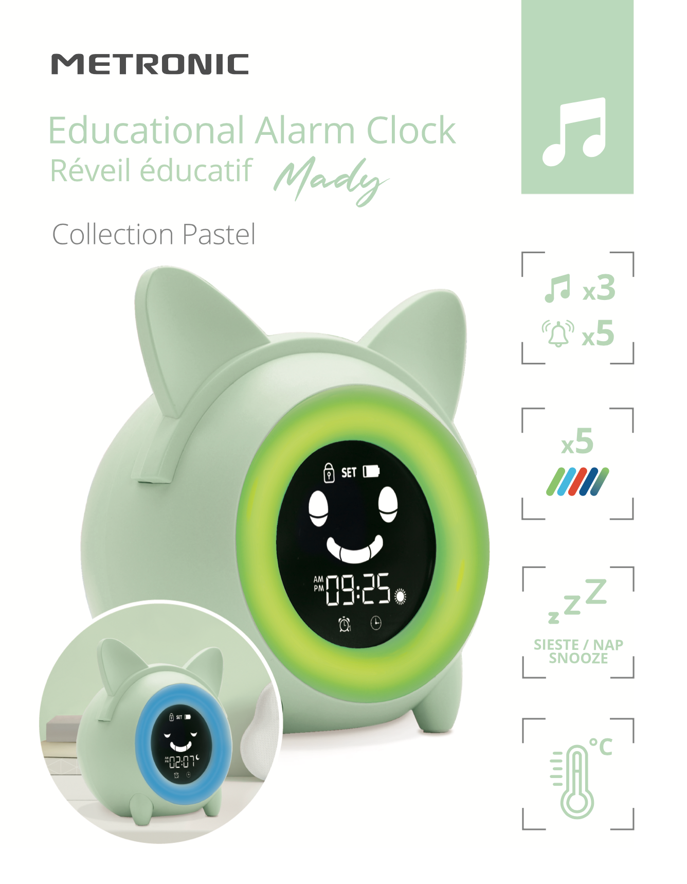 Un despertador verde con forma de cerdo con pantalla digital. Muestra la hora y tiene iconos de funciones y una cara sonriente.