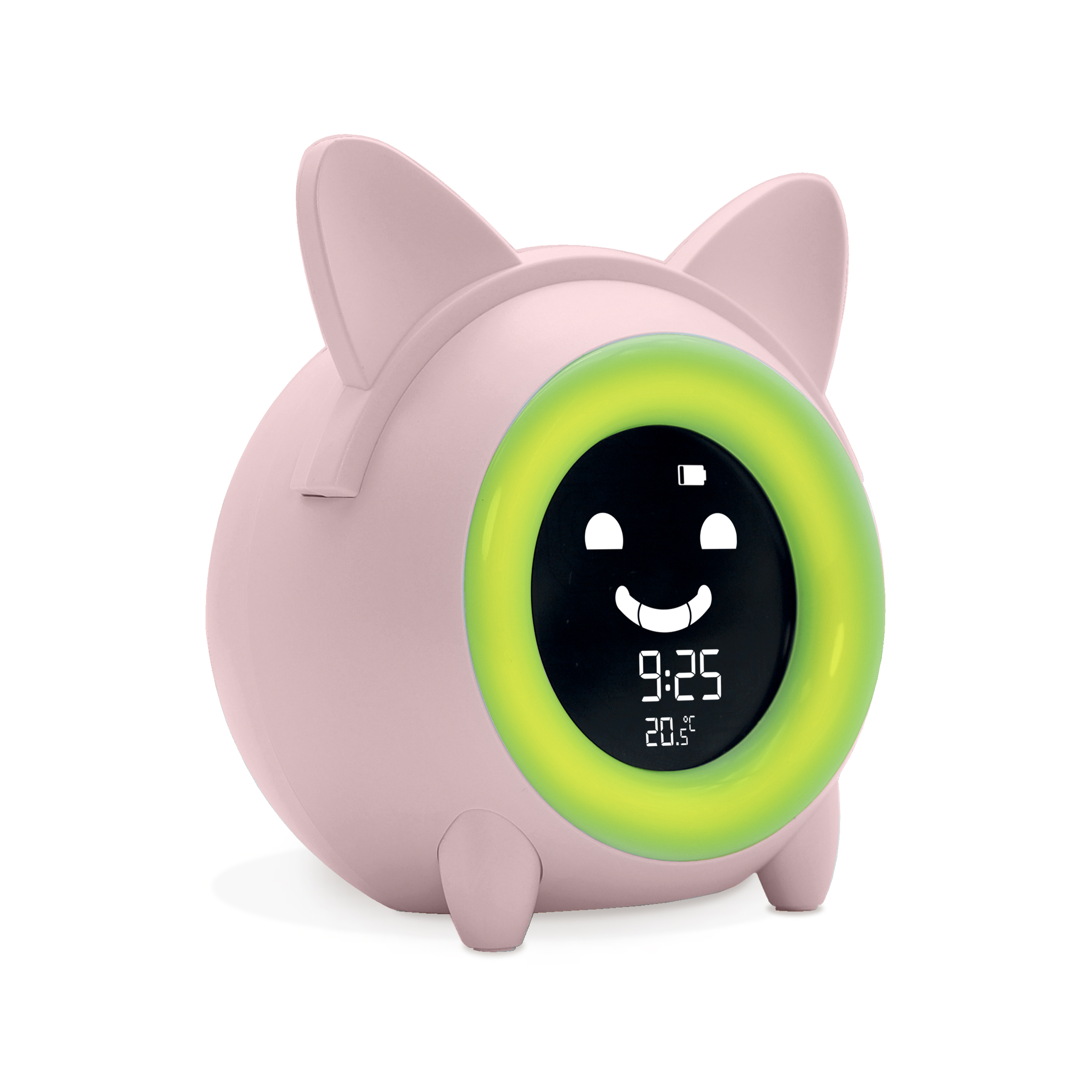 Un despertador rosa en forma de cerdo muestra 9:25 y 20.5°C. Tiene un anillo brillante verde-amarillo y una cara sonriente.